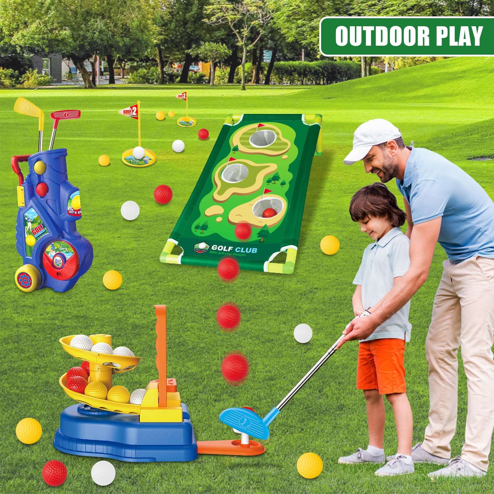 **Kids Golf Clubs Set for Toddlers Ages 3-7 - 2-in-1 Mini Golf Toy with Cart, Ball Launcher, 20 Balls, Putting Mat & Board - Indoor & Outdoor Sports Toys for Backyard, Playroom & Birthday Gifts**