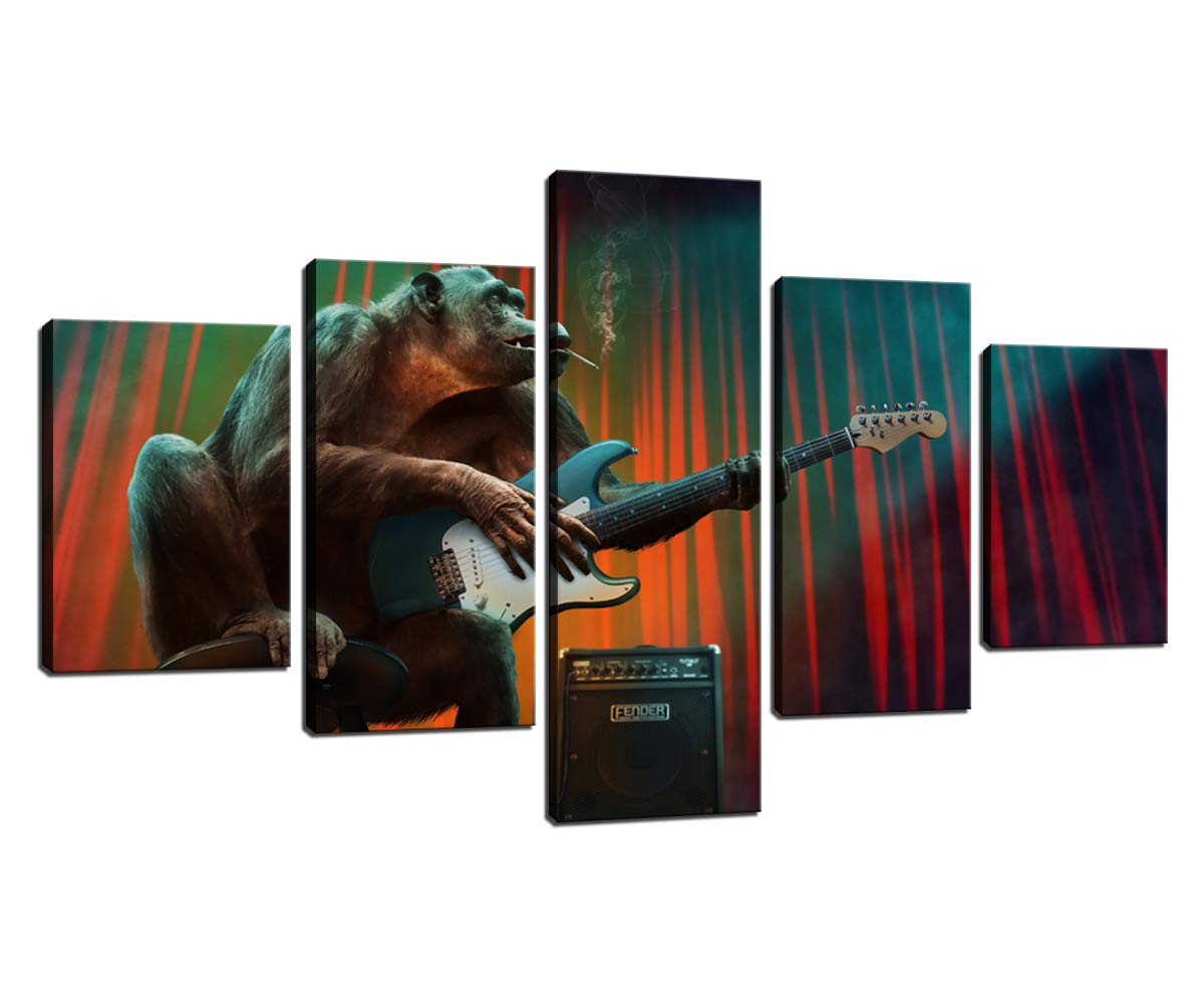 Abstract Gorilla Playing Guitar Canvas Wall Art - Modern Animal Painting Prints for Bedroom, Living Room Decor - 5-Panel Ready to Hang (70