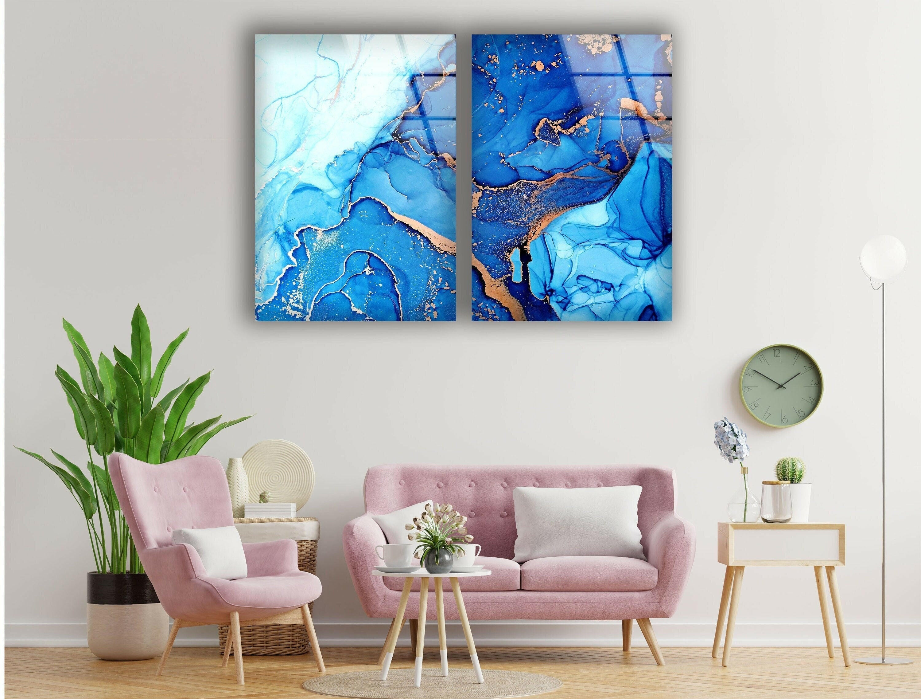 Blue Alcohol Ink Marble Abstract Glass Wall Art - Handmade Modern Home Decor for Living Room, Bedroom & Office