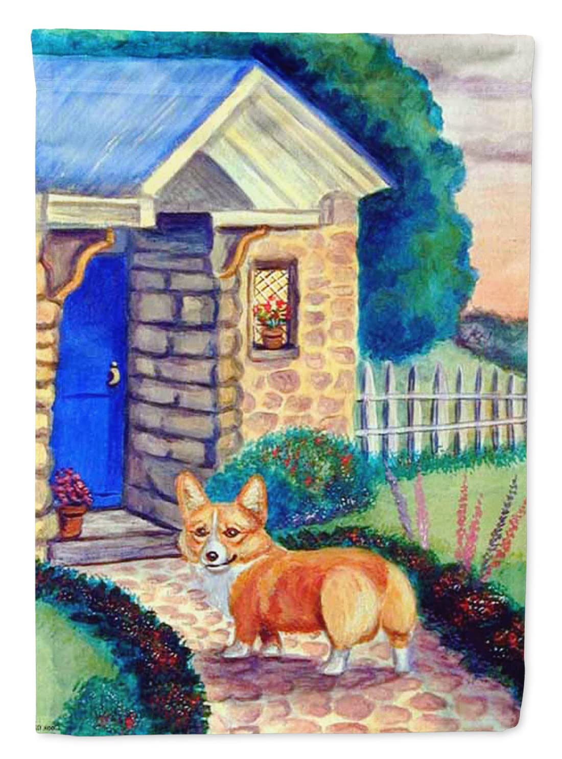 Caroline's Treasures 7169GF Corgi at the Cottage Garden Flag - Colorful Outdoor Mailbox Banner for Yard, Patio & Flower Beds - Perfect for Seasonal Decor, Home Garden Display & Cottage Style Landscaping