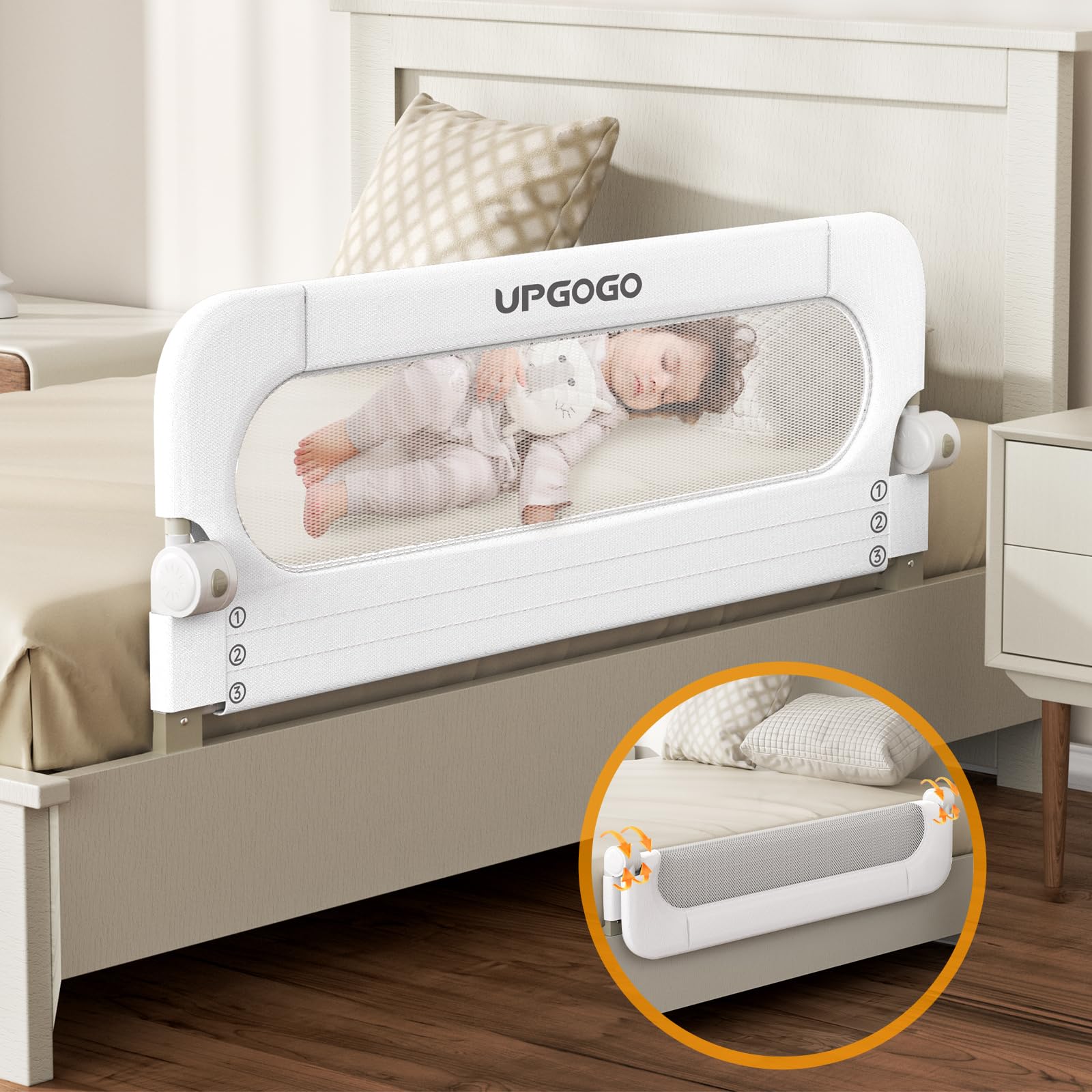 **Foldable Toddler Bed Rail - Safety Baby Bed Guard with Reinforced Anchor System - Fits Twin, Full, Queen & King Beds (White, 43