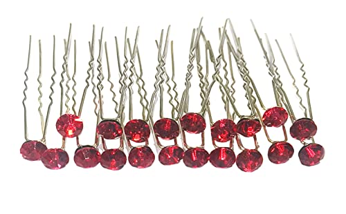 Crystal Studded Round Hair Bun Pins - 20 Pack Red Juda Hair Pins for Women & Girls | Perfect for Updos, Weddings & Special Occasions