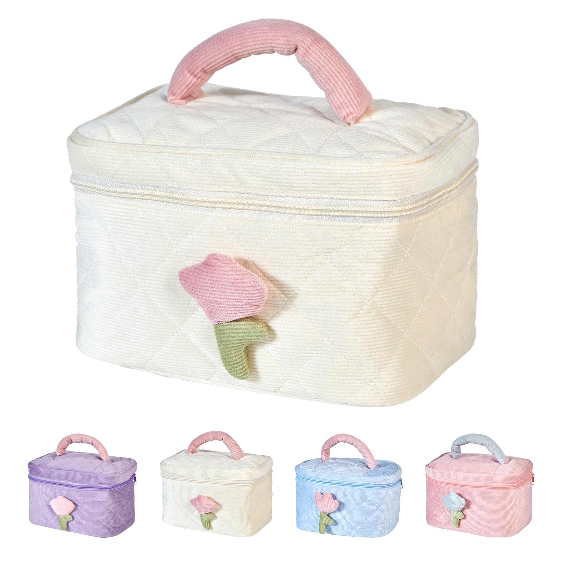 Roycraft White Corduroy Makeup Bag - Large Capacity Travel Cosmetic Organizer for Women, Perfect for Daily Use & Trips