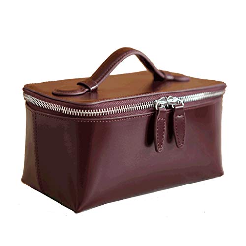 Premium Cowhide Cosmetic Makeup Bag with Double Zipper - Large Capacity Travel Toiletry Organizer for Women (Red) | Perfect for Vanity Storage, Travel Essentials & Daily Beauty Routine
