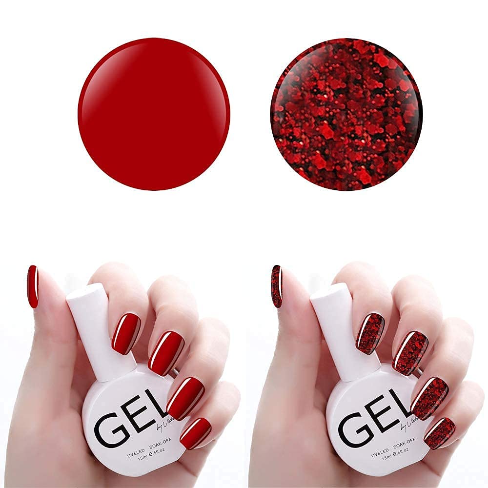 Vishine 15mL Soak Off Gel Nail Polish Set - Red & Red Glitter DUO (2PCS) | Christmas Gift Collection | Perfect for Holiday Manicures & Party Nail Art