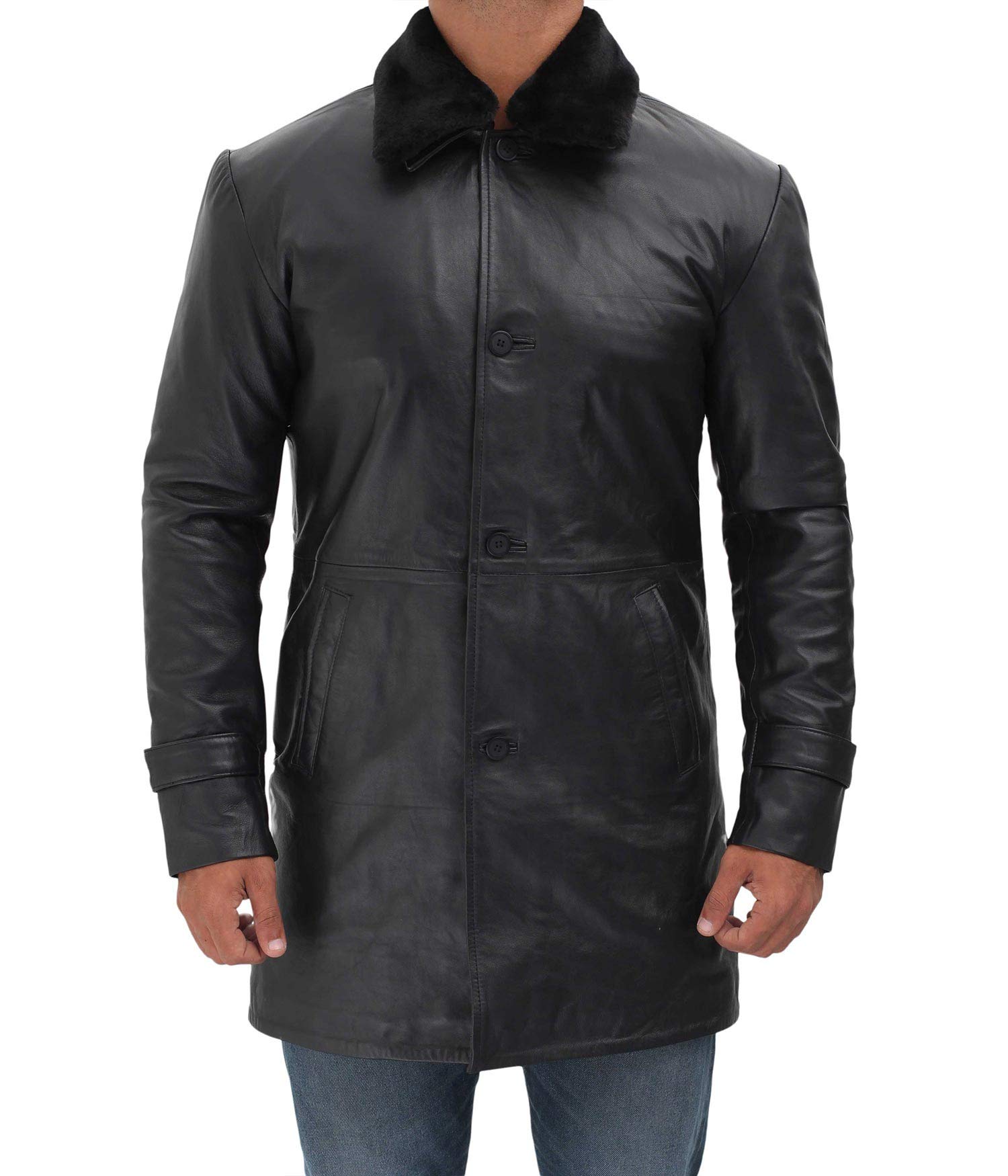 Blingsoul Men's Black Trench Coat - Winter Shearling Lined Long Leather Jacket for Men | Warm Formal Outerwear for Office, Dating & Special Occasions