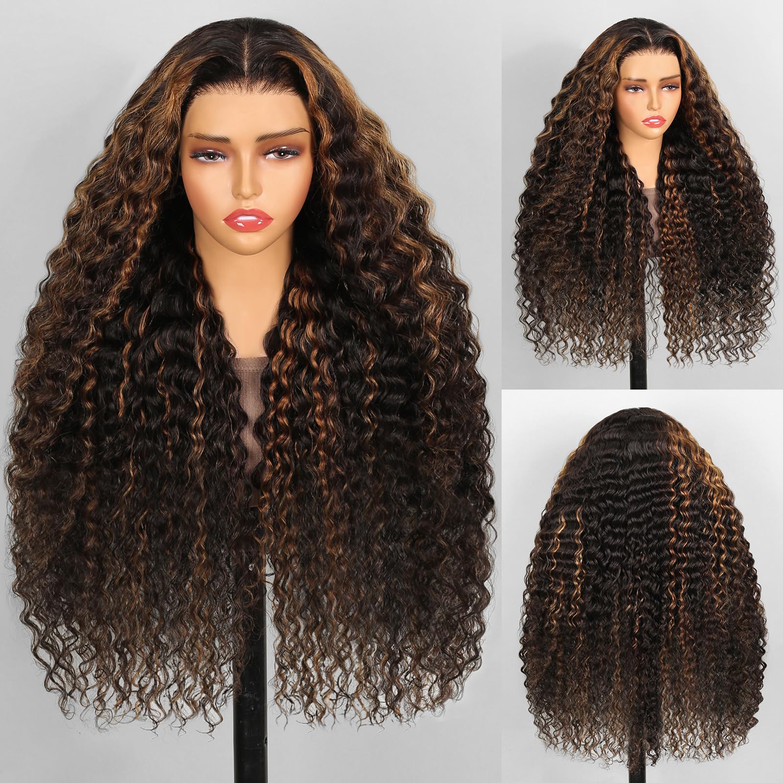 MEGALOOK 24 Inch Ombre Highlight Human Hair Lace Front Wig - Pre Plucked with Baby Hair, 13x4 Deep Wave Lace, 180% Density, Curly Wet & Wavy (FB30# Color) - Perfect for Cosplay, Daily Wear & Special Occasions