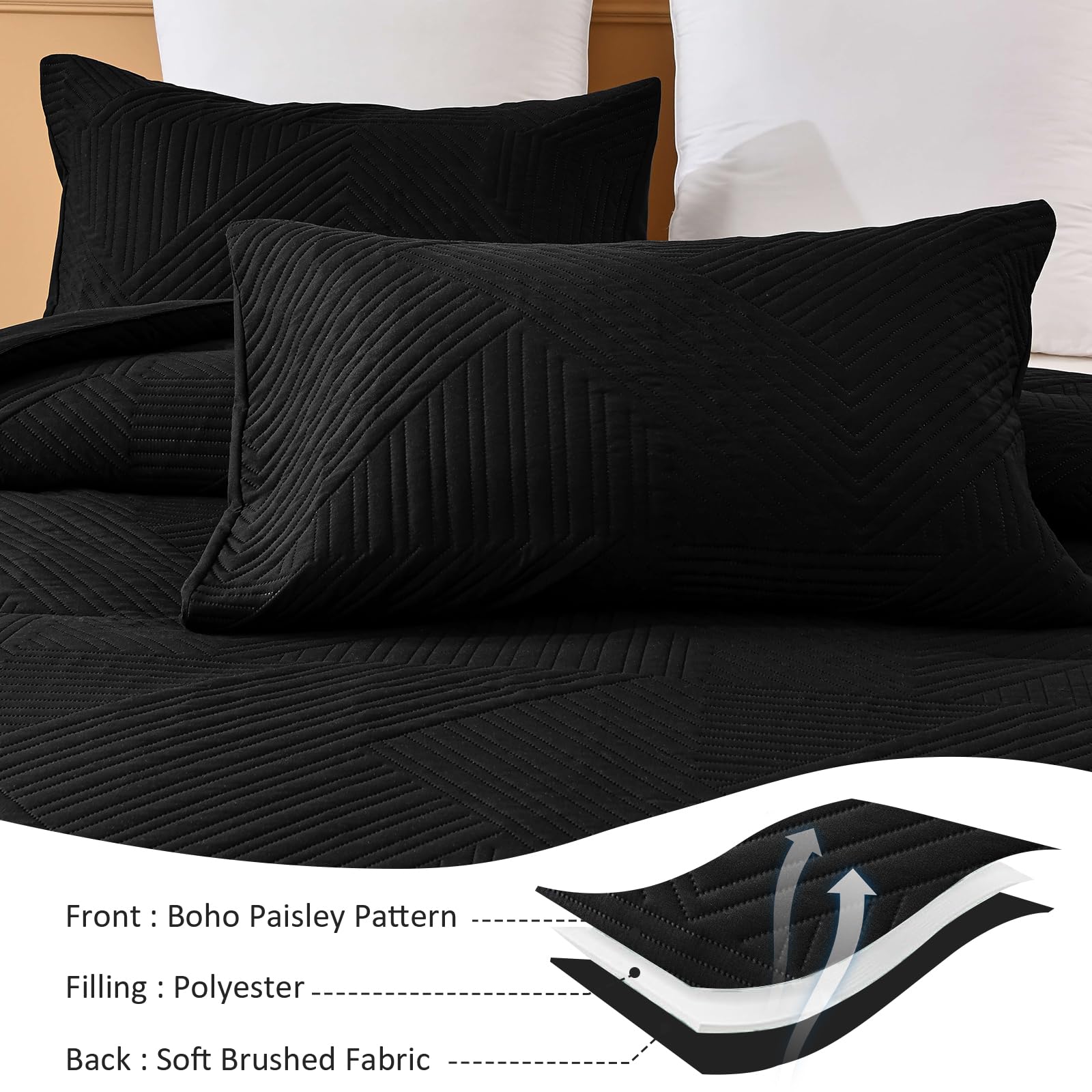 WONGS BEDDING Black Comforter Set Queen Size (90×90 Inches) - 3 Piece Reversible Soft Microfiber Boho Geometric Textured Bedding with 2 Pillowcases | Ultrasonic Quilted Design for Cozy Bedroom Decor & Guest Room Essentials
