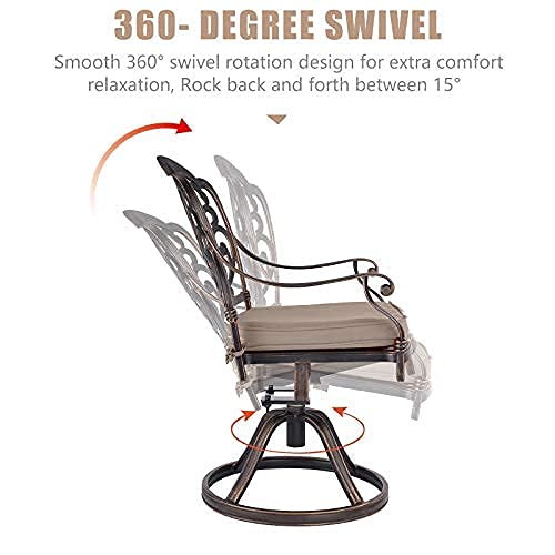 Grepatio 2-Piece Swivel Patio Dining Chairs Set with Cushions - Outdoor Cast Aluminum Garden Chairs for Backyard, Lawn & Deck - Comfortable Swivel Rocker Chairs with Khaki Cushions - Perfect for Outdoor Dining, Lounging & Entertaining