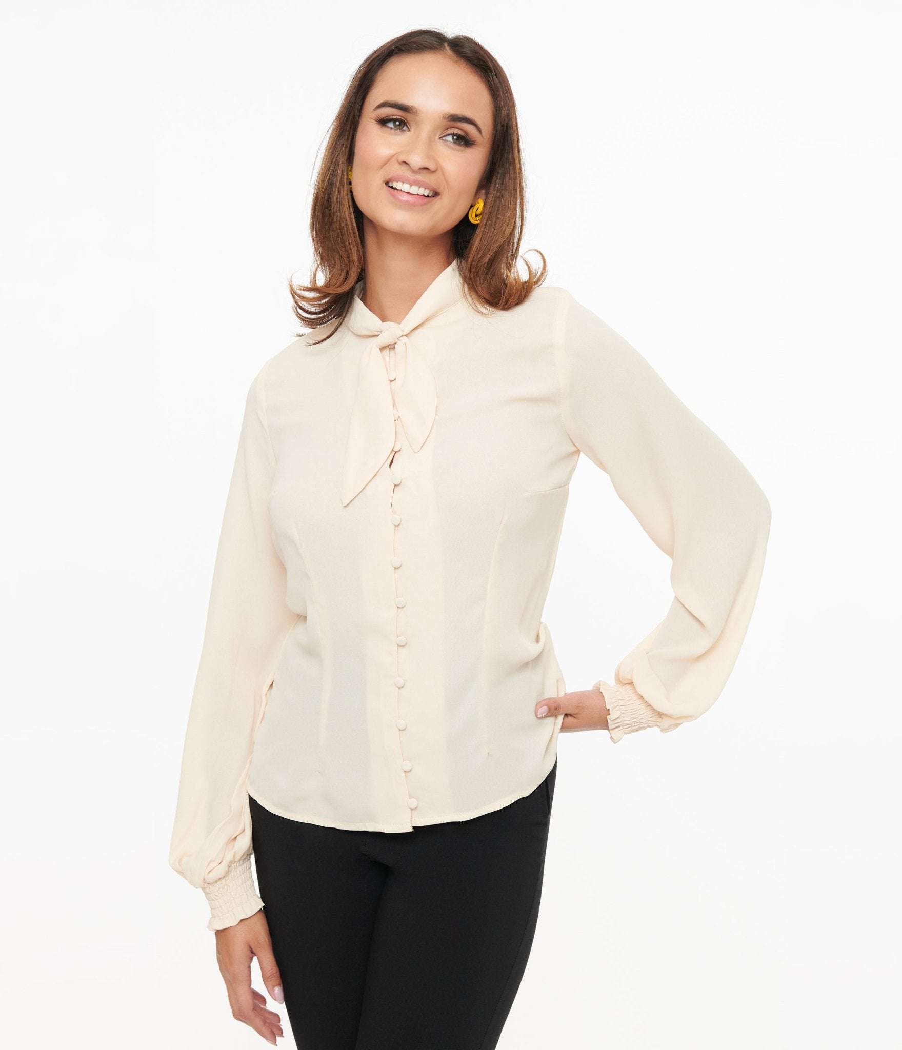 Vintage 1940s Ivory Neck Tie Blouse - Retro 40s Style Women's Button Up Shirt for Office, Party & Special Occasions