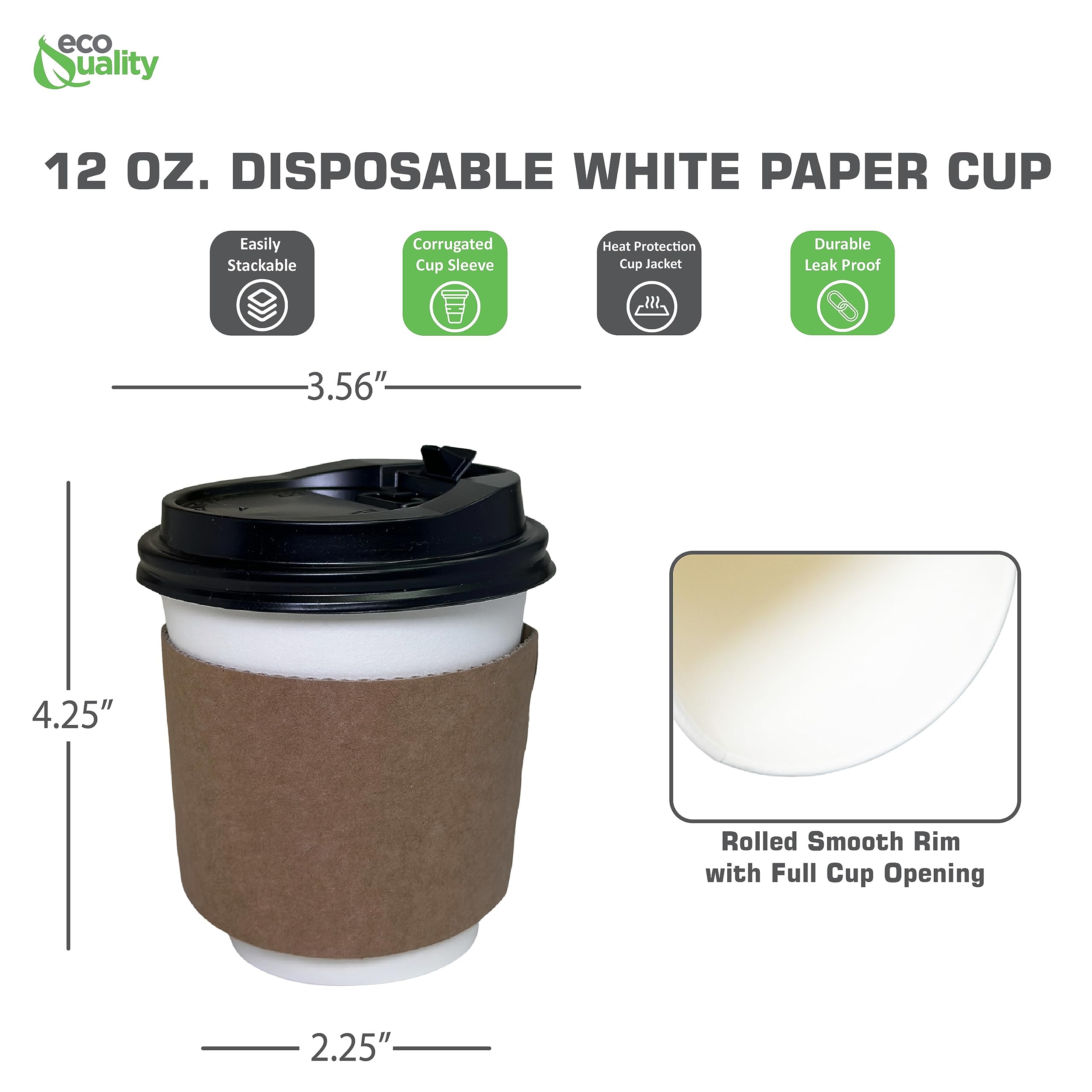 EcoQuality 12 oz Disposable White Paper Coffee Cups with Black Dome Lids & Corrugated Sleeves - 250 Pack for Hot Beverages, Perfect for Home, Office, Coffee Shops, Travel, and Tea Parties - Ideal for Commuting, Camping, and Office Meetings