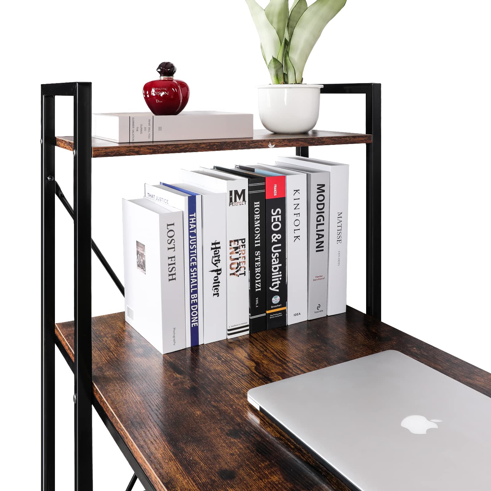 47-inch Black Metal Computer Desk with 4-Tier Storage Shelves - Rustic Brown Corner Study Desk for Home Office, Gaming & Workspace - Utopia Alley Ergonomic Writing Table with Bookshelves