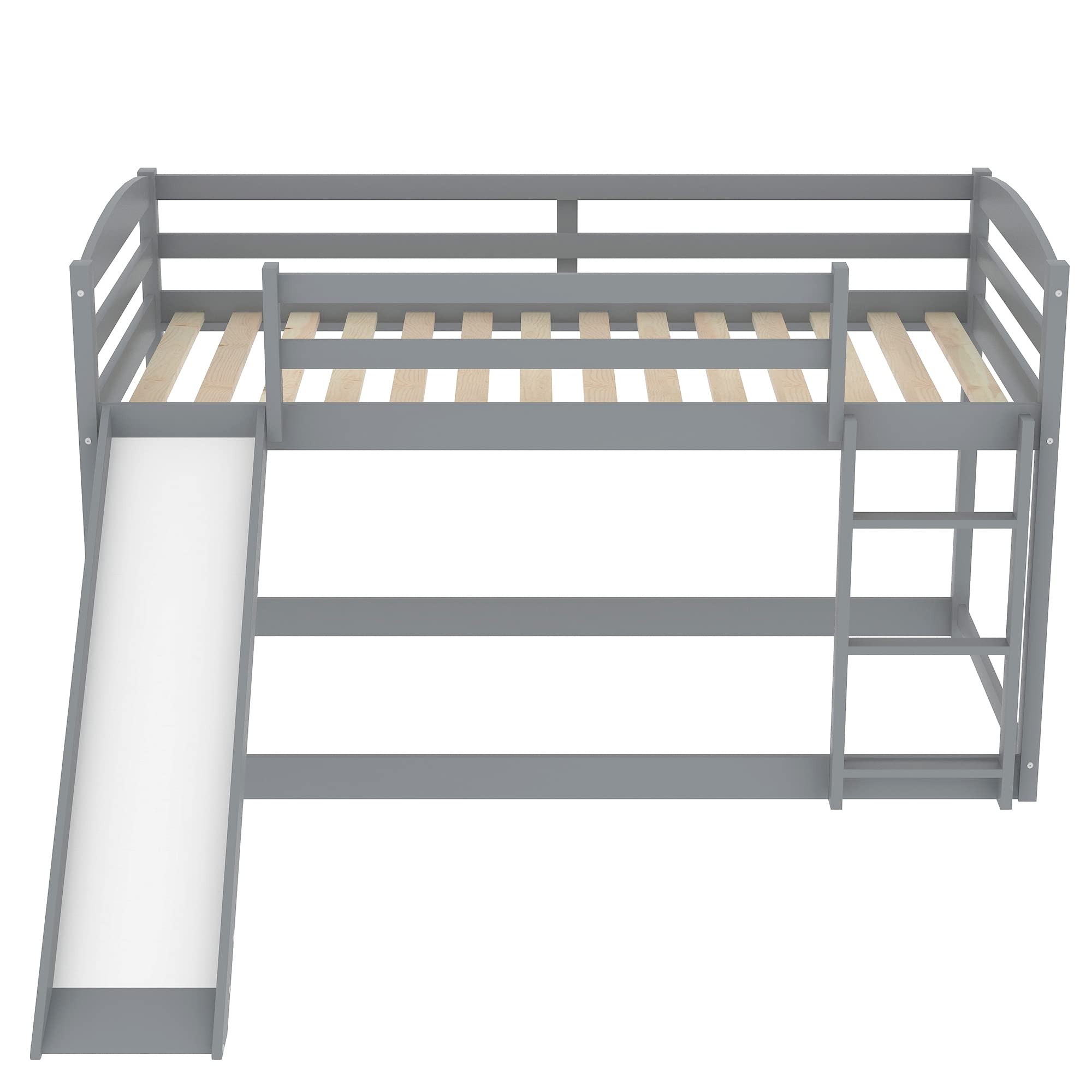 Convertible Twin Over Twin Bunk Bed with Slide - Wooden Low Loft Bed Frame with Safety Guardrails & Ladder for Kids, Teens, Boys & Girls - Grey | Space-Saving Kids Bedroom Furniture for Small Rooms, Dorms & Shared Spaces