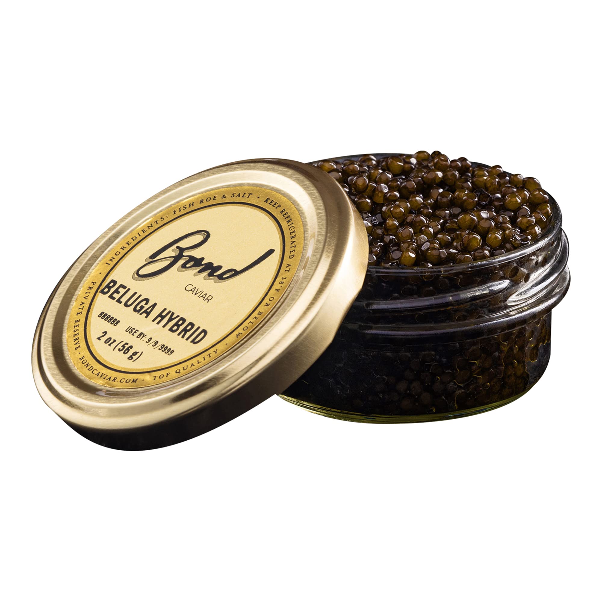 Premium Bond Beluga Hybrid Caviar - Gourmet Black Caviar Roe Malossol with Sea Salt - 2oz (56g) Luxury Gift for Special Occasions, Fine Dining & Celebrations - Overnight Shipping Available