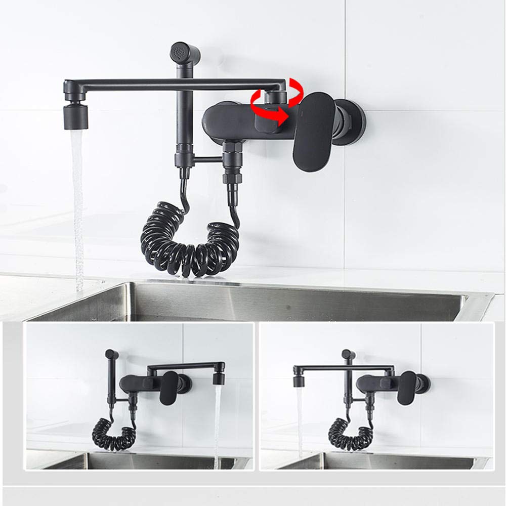 Black Wall Mounted Kitchen Faucet with Spray Gun - Double Hole Hot & Cold Water Rotating Tap - 20cm Height for Kitchen & Bathroom Sink - Perfect for Modern Homes & Small Spaces