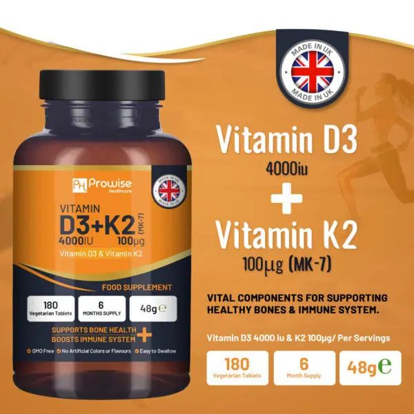Vitamin D3 4000IU & K2 MK7 100μg Vegetarian Tablets - 180 Count (6 Month Supply) for Bone & Immune Support - Supports Heart Health & Calcium Absorption