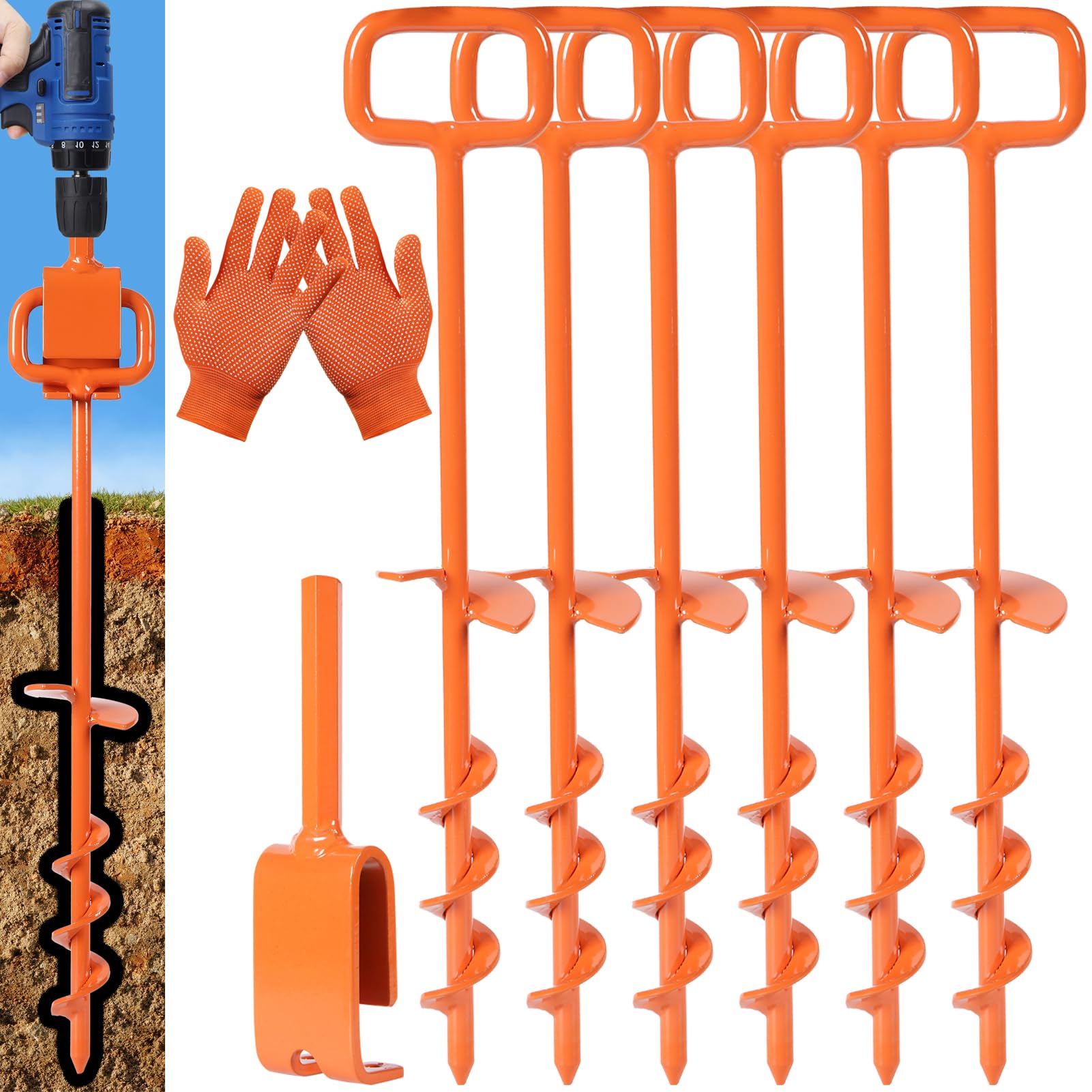 16-Inch Heavy Duty Screw-In Tent Stakes & Ground Anchors Kit - 6PCS Orange with Adapter for Camping, RV, Mobile Homes, Tree Straightening & Outdoor Shelter Stability