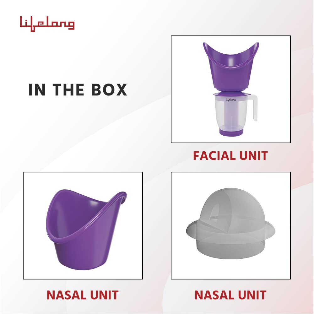 Lifelong LLS63 3-in-1 Face, Nose & Cough Steamer - Portable Steam Vaporizer with Nozzle Inhaler, Facial Sauna & Steamer for Adults & Kids | Purple | 1 Year Warranty | Perfect for Cold Relief, Sinus Congestion & Skincare Routine