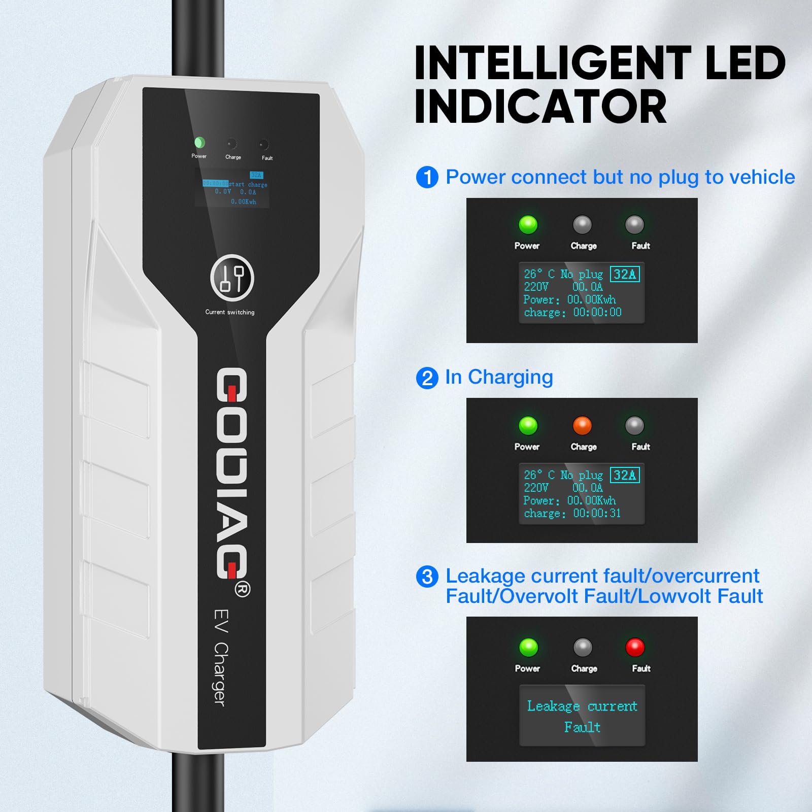 Portable EV Charger Level 1 & 2 - 8/10/13/16 Amp Adjustable Electric Car Charger with 110V-240V 3.5KW Power - 20ft Cable for Plug-in Hybrid & Electric Vehicles - Perfect for Home, Office & Road Trip Charging