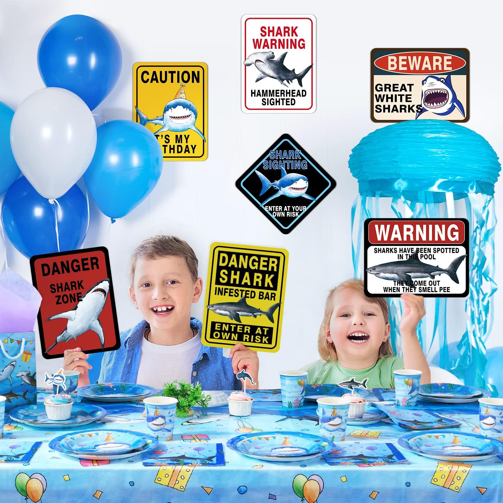 WERNNSAI Shark Zone Party Decorations - 9 PCS Shark Birthday Wall Decor, Posters & Warning Signs for Boys Kids Ocean Theme Party Supplies | Perfect for Underwater Birthday, Baby Shower & Classroom Decor