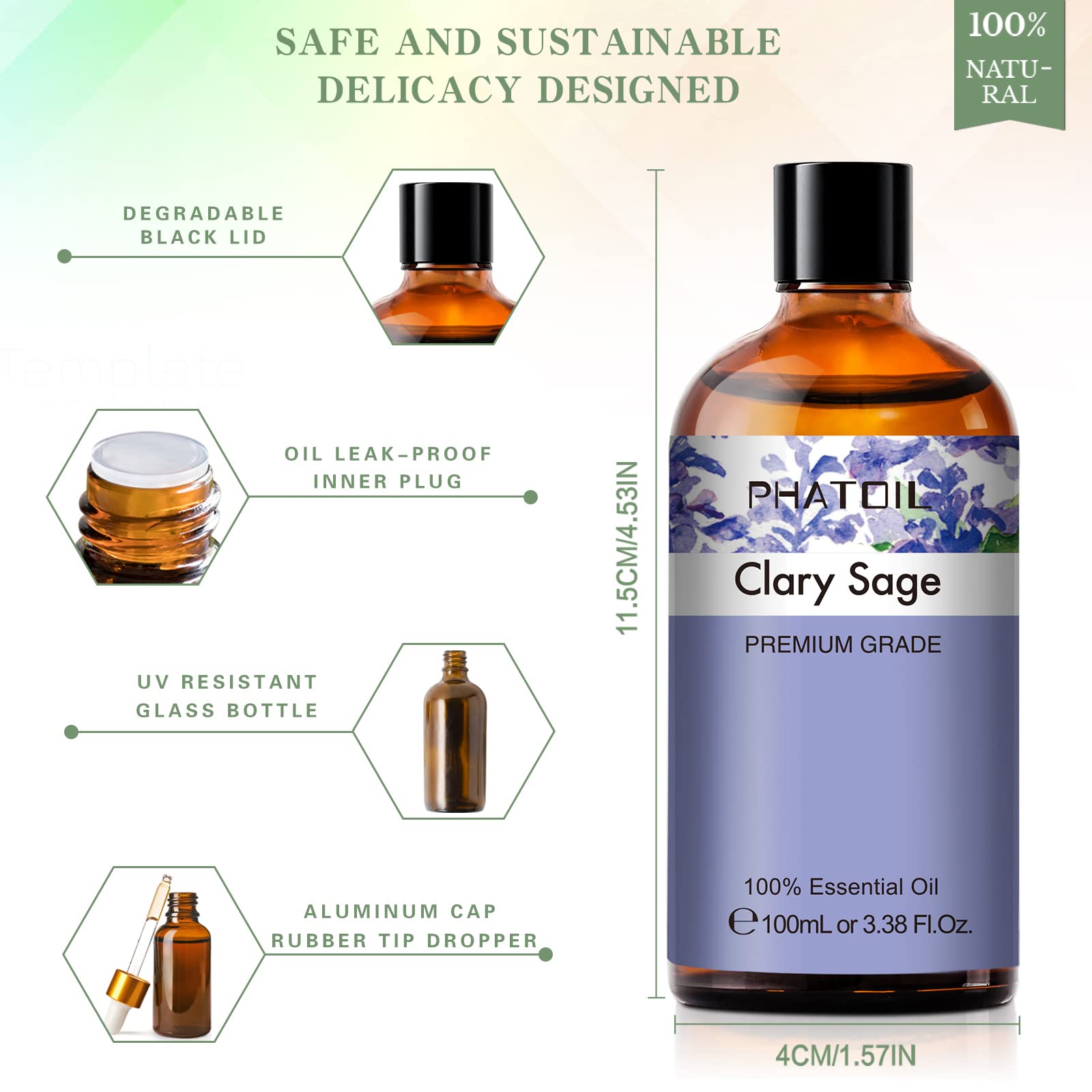 3.38 Fl Oz (100ml) Clary Sage Essential Oil for Aromatherapy - Pure & Natural Essential Oil with Glass Dropper for Diffusers, Humidifiers, DIY Candle & Soap Making - Perfect for Relaxation, Stress Relief & Home Spa