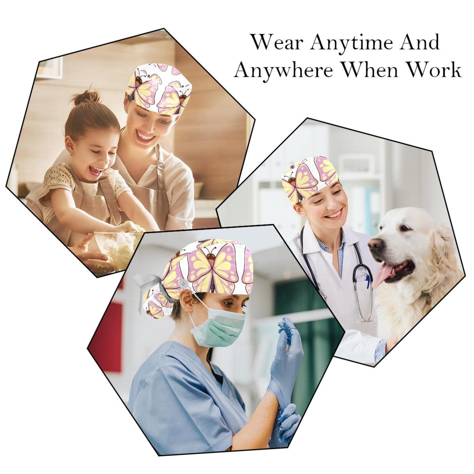 Butterfly Print Scrub Hats for Women & Men - 2 Pack Long Hair Surgical Caps with Button Closure & Sweatband - Comfortable Unisex Tie Back Nurse Hats for Hospital, Clinic & Healthcare Workers