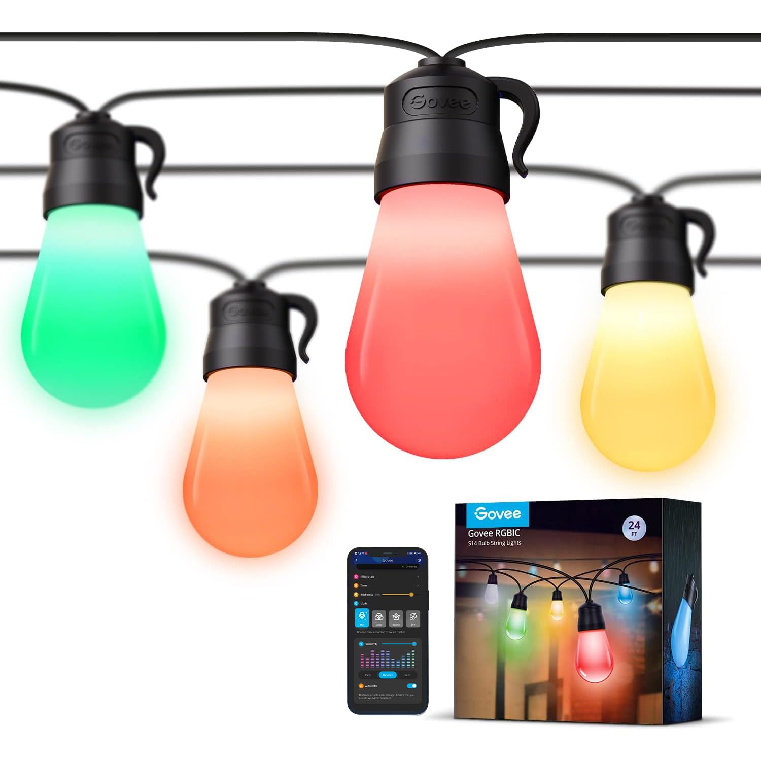 Govee H7029 24ft Smart RGBIC Outdoor String Lights - 8 Dimmable LED Bulbs, IP65 Waterproof, Color Changing & Warm White, 47 Scene Modes, App & Voice Control for Patio, Backyard, Garden, Party & Holiday Decorations