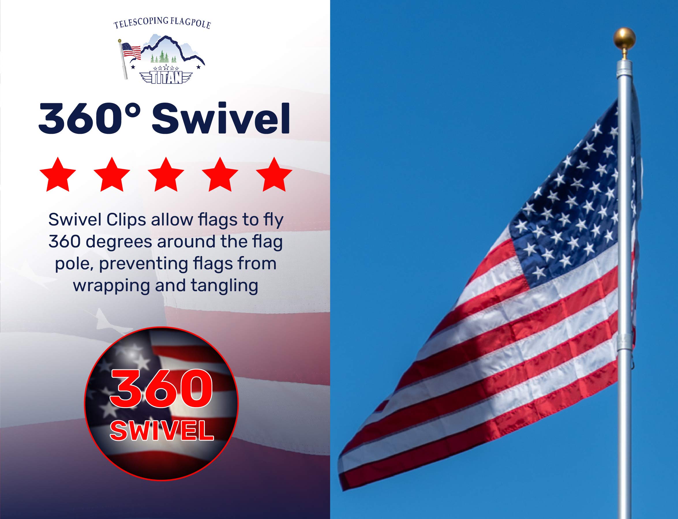 15ft Heavy Duty Telescoping Flag Pole Kit - Anodized Aluminum Silver Flagpole Made in USA with 3x5 American Flag & Dual Flag Hardware | Perfect for Residential, Commercial & Patriotic Events