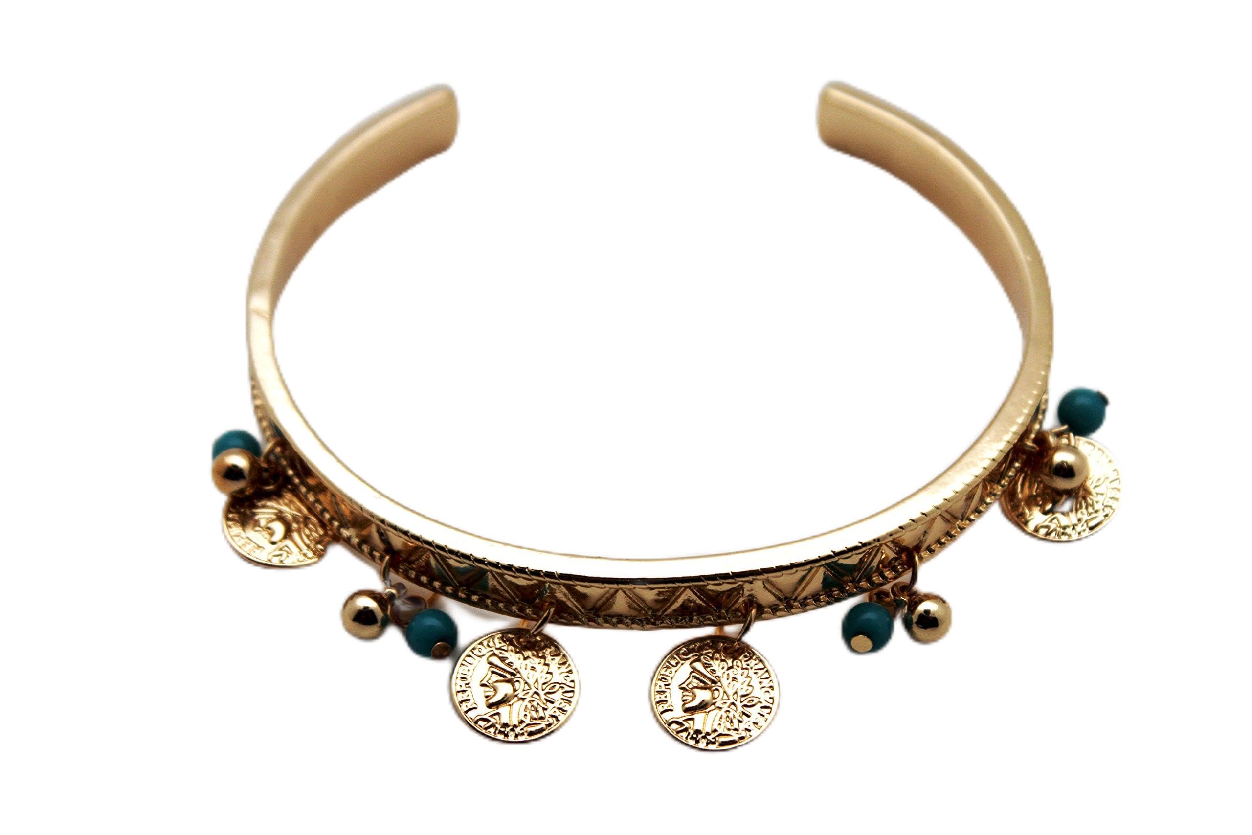 TFJ Women's Fashion Jewelry - Elegant Metal High Arm Cuff Bracelet with Gold Coins & Turquoise Beads, Wrap Around Bangle for Boho Chic Style - Perfect for Parties, Weddings and Festival Outfits