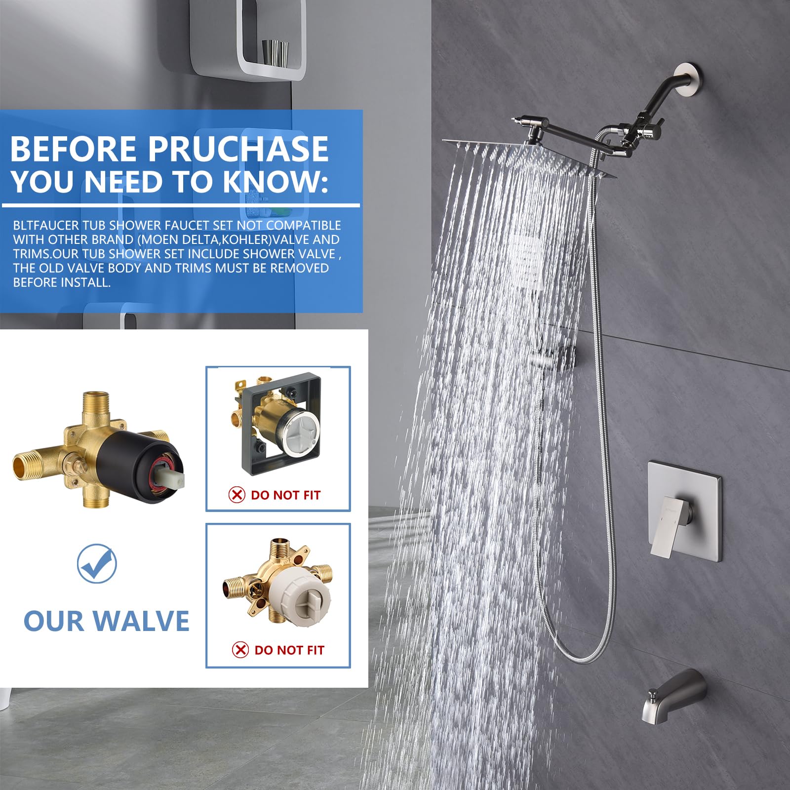 8 Inch Shower Faucet Set with Adjustable Extension Arm & Handheld Sprayer - Brushed Nickel Finish - Complete Bathroom Shower System with Pressure Balance Valve - Perfect for Modern Bathroom Renovations and Spa-Like Showers