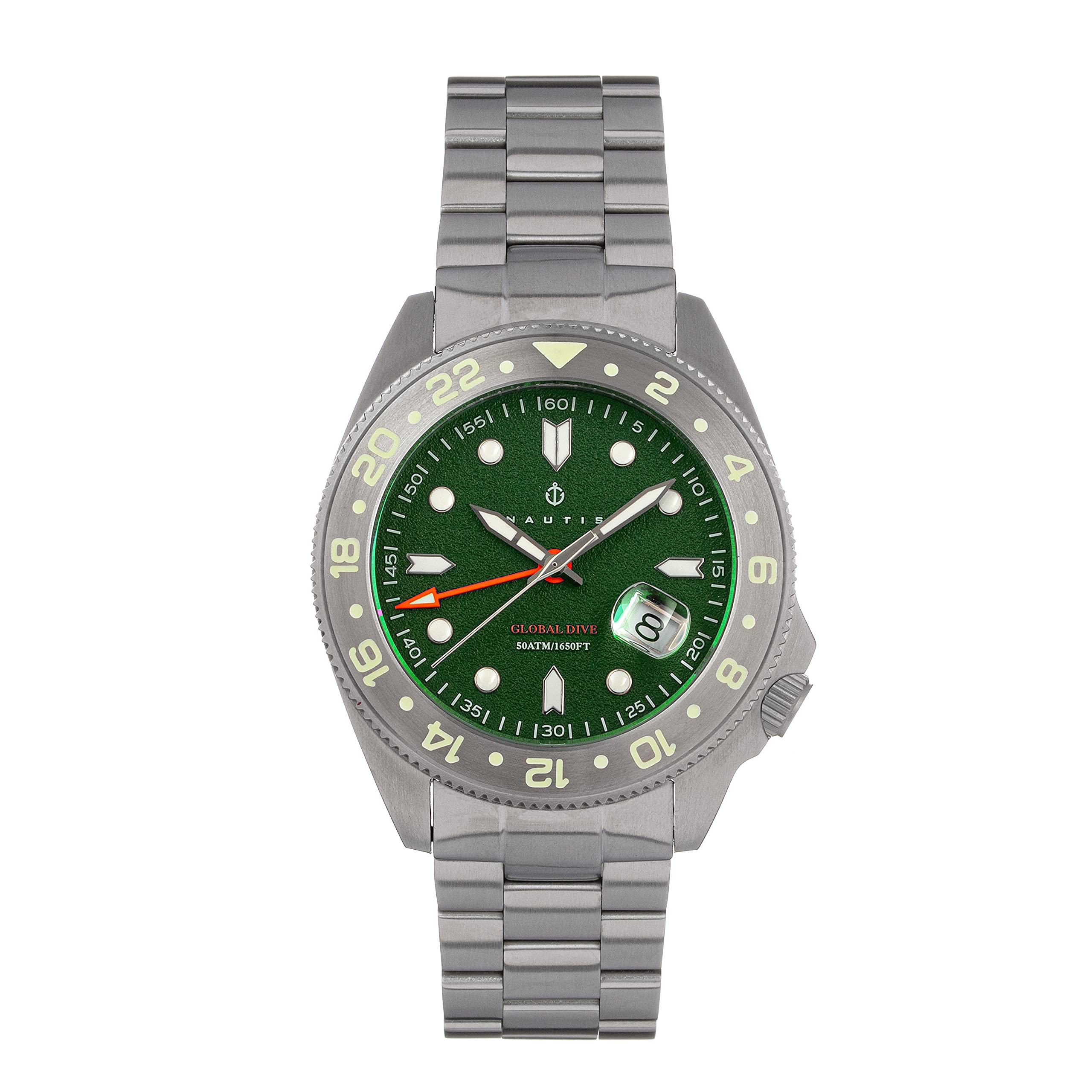Nautis Global Dive Watch for Men - Green Dial Waterproof Stainless Steel Watch 18093G-D | Perfect for Scuba Diving, Swimming & Outdoor Adventures