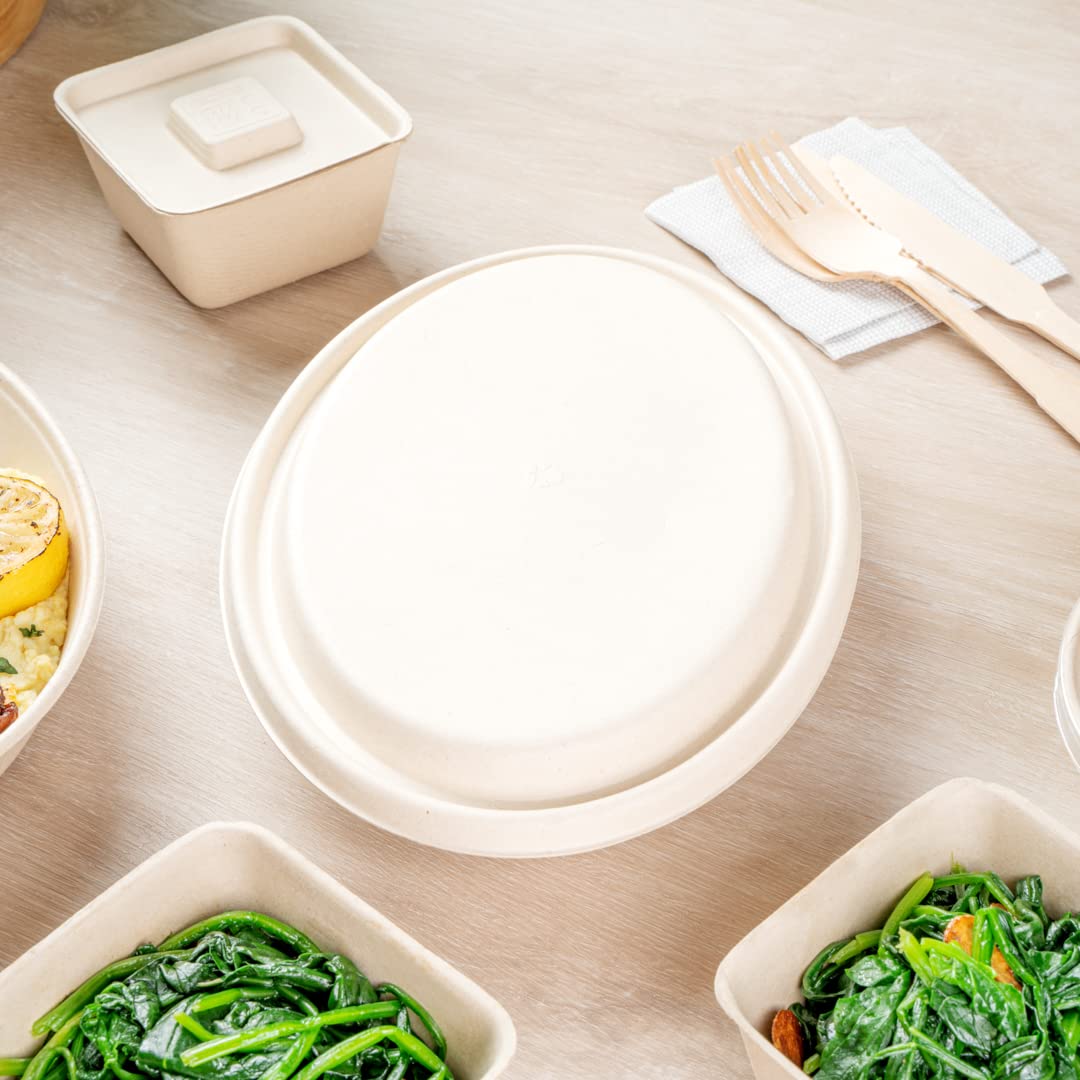 Eco-Friendly 100-Pack Oval Bagasse Lids for 21-OZ Sugarcane Bowls | Biodegradable & Compostable Disposable Lids | Perfect for Restaurants, Catering & Takeout Meals