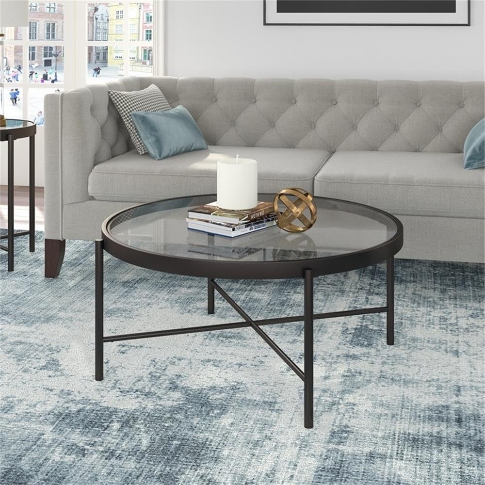 Pemberly Row 36-Inch Round Metal Coffee Table with Glass Top in Black & Bronze - Perfect for Living Room, Lounge, and Office Decor