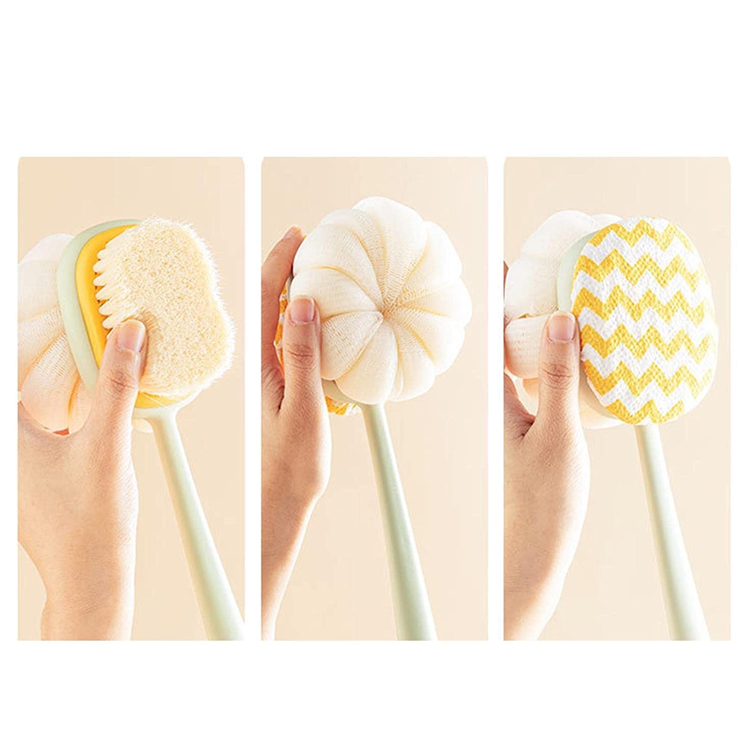 Emcrovi Wooden Double-sided Bath Brush with Massager & Long Handle - Exfoliating Body Brush for Dry Brushing & Skin Care | Natural Bristles | Multi Color | Perfect for Shower, Spa & Lymphatic Drainage Massage