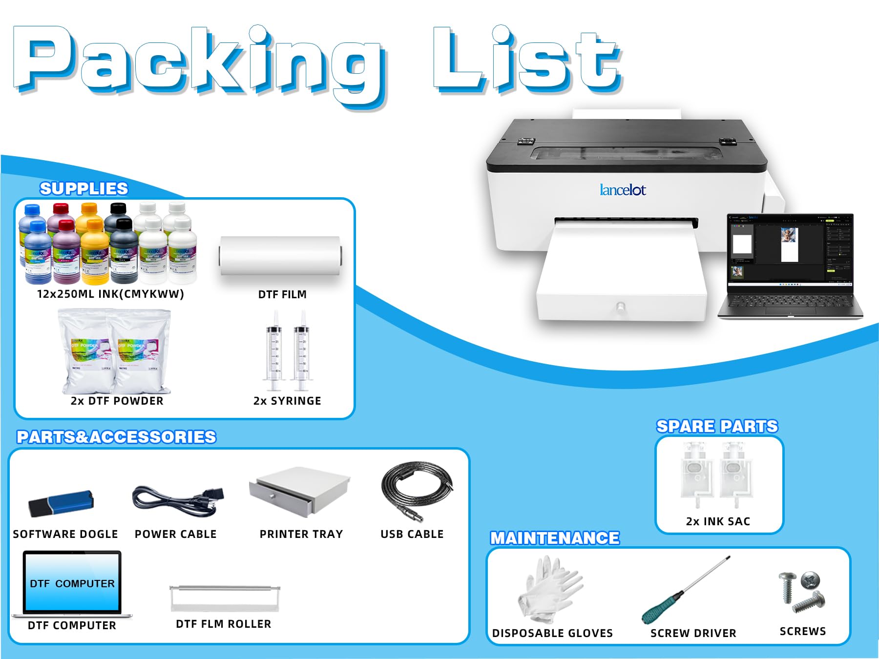Lancelot A3 l1800 DTF Transfer Printing Machine with Roll Feeder - White Ink Circulation System & Easy Operation - Complete DTF Printer Bundle (Printer, Oven, Laptop, Consumables) for Dark & Light Clothing - Ideal for T-Shirt Printing, Custom Apparel Business & Home DIY Projects