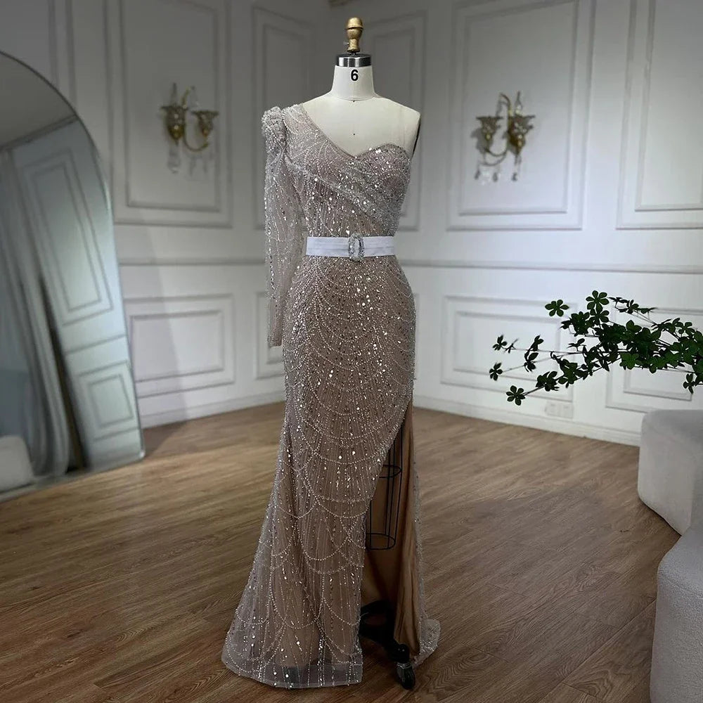 Elegant White One Shoulder Mermaid Evening Gown with Beaded Details - Luxury Formal Dress for Women - Perfect for Weddings, Galas & Special Occasions