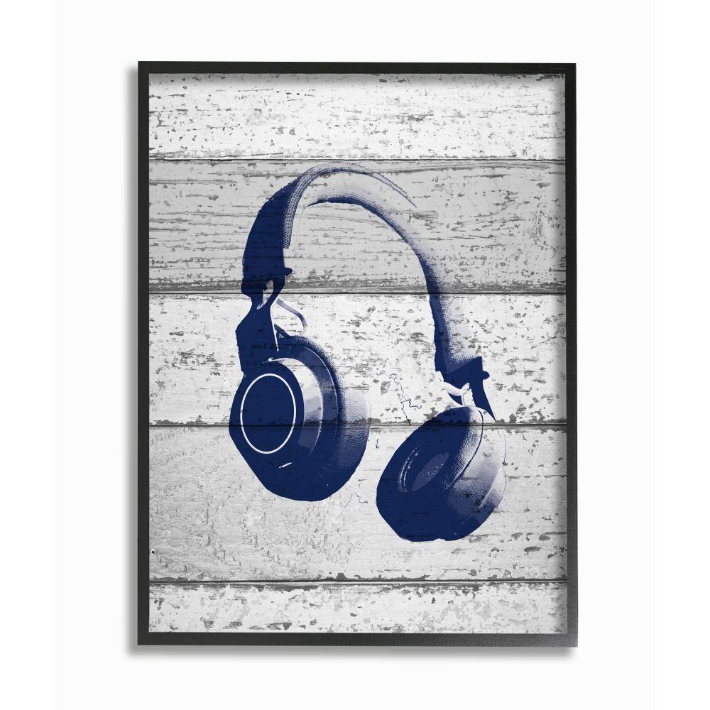 Stupell Kids Room Framed Giclee Art - Blue Headphones Print on Textured Wood Planks, 24x30 Inch Multi-Color Wall Decor for Nursery, Bedroom & Playroom