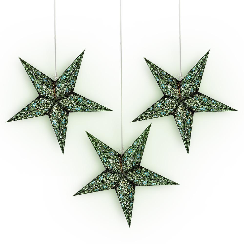 3 Pack 24 Inch Green & Black Garden Paper Star Lanterns with LED Bulbs & Lamp Cord - Outdoor Party Decor, Wedding Lighting, Patio Hanging Decorations for Backyard, Garden, and Festive Events