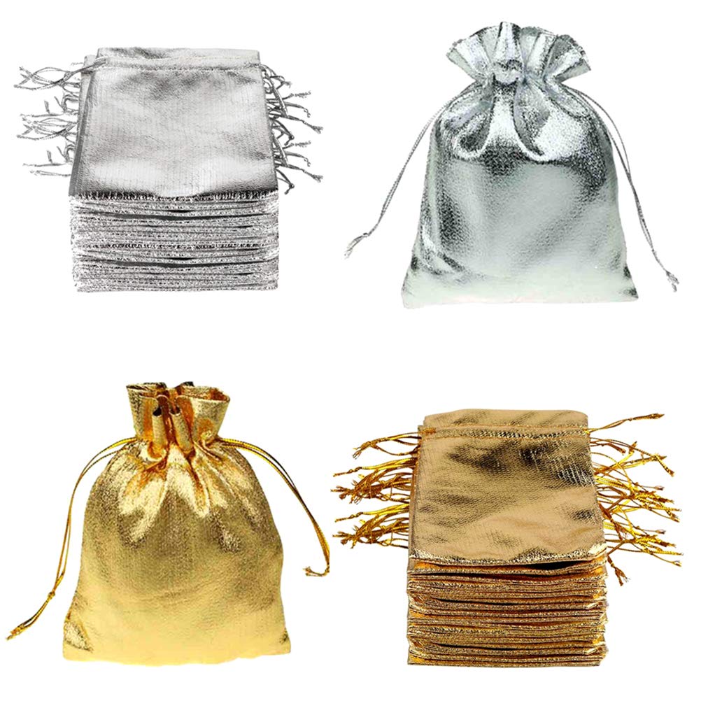 FineInno 100-Pack Gold & Silver Drawstring Organza Bags - 7x9 cm Jewelry Gift Pouches for Wedding Favors, Party Decor, Christmas & Halloween Treats - Perfect for Candy, Small Gifts & Special Occasions