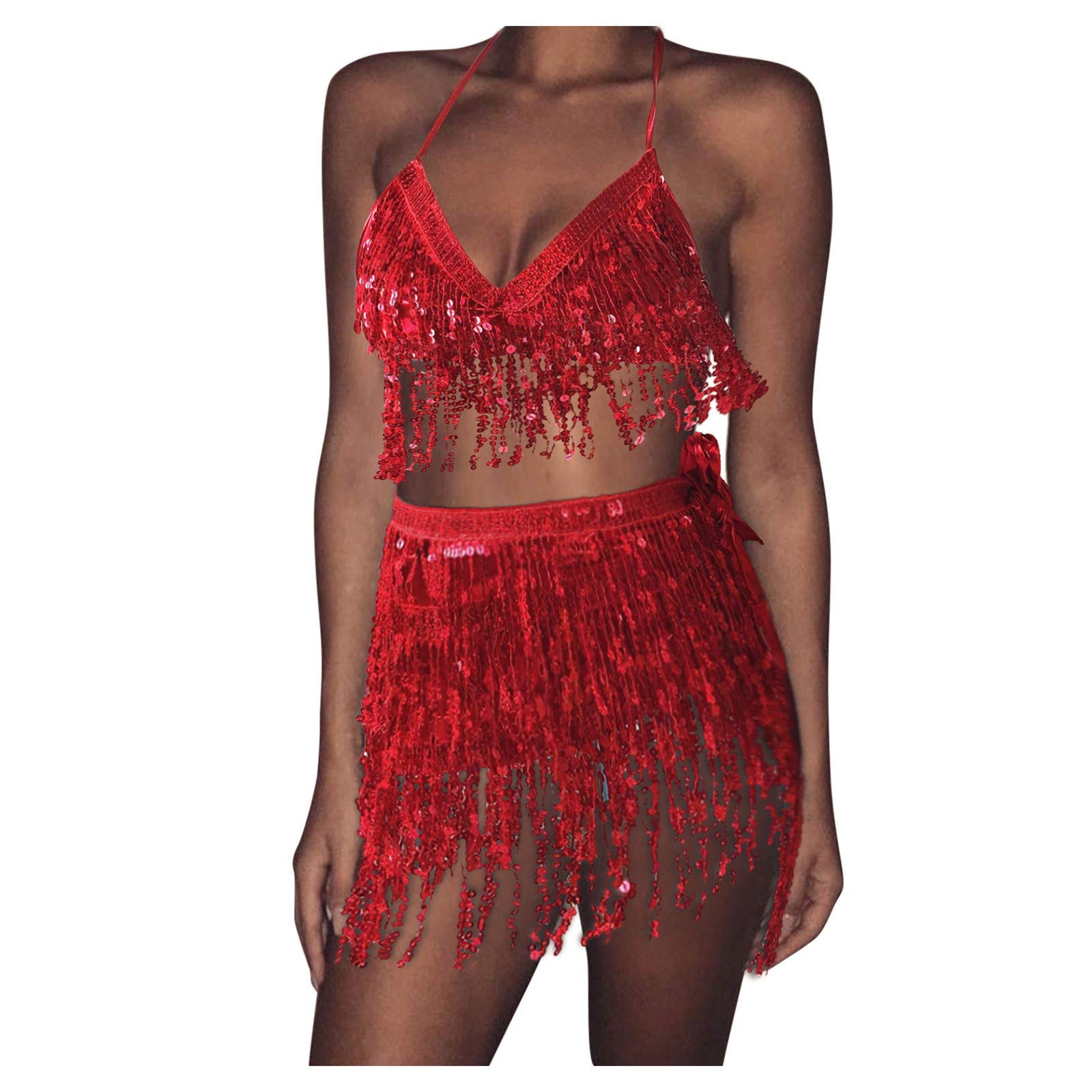 Women's Mini Set Costume - Sequin Tassel Skirt Wrap & Vest Clubwear | Belly Dance Outfit for Women | Exquisite Charm Dresses for Party, Performance & Night Out