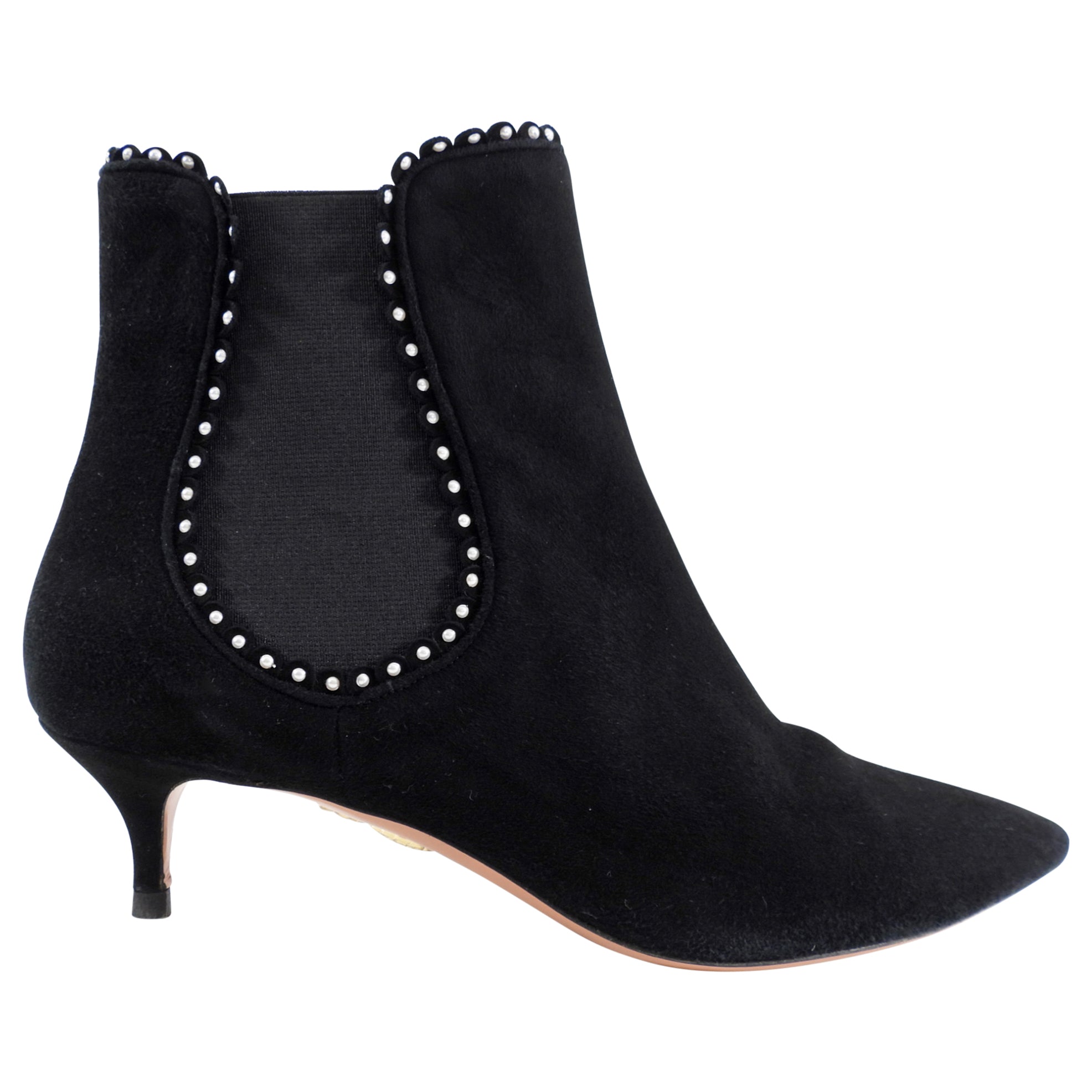 Aquazzura Black Suede Silver Stud Kitten Heel Ankle Boots Women's Size 9 (EU 39.5) - Perfect for Night Out, Party & Evening Events