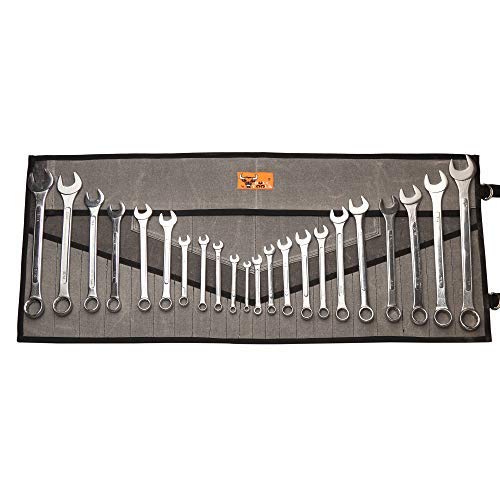 BULL TOOLS 26-Pocket Wrench Pouch - Metric & Standard Tool Organizer Roll-Up Bag - Handmade 100% Cotton Waxed Canvas Tool Pouch (Sand Washed Coal Black/Grey) - Perfect for Mechanics, Electricians & DIY Home Repair