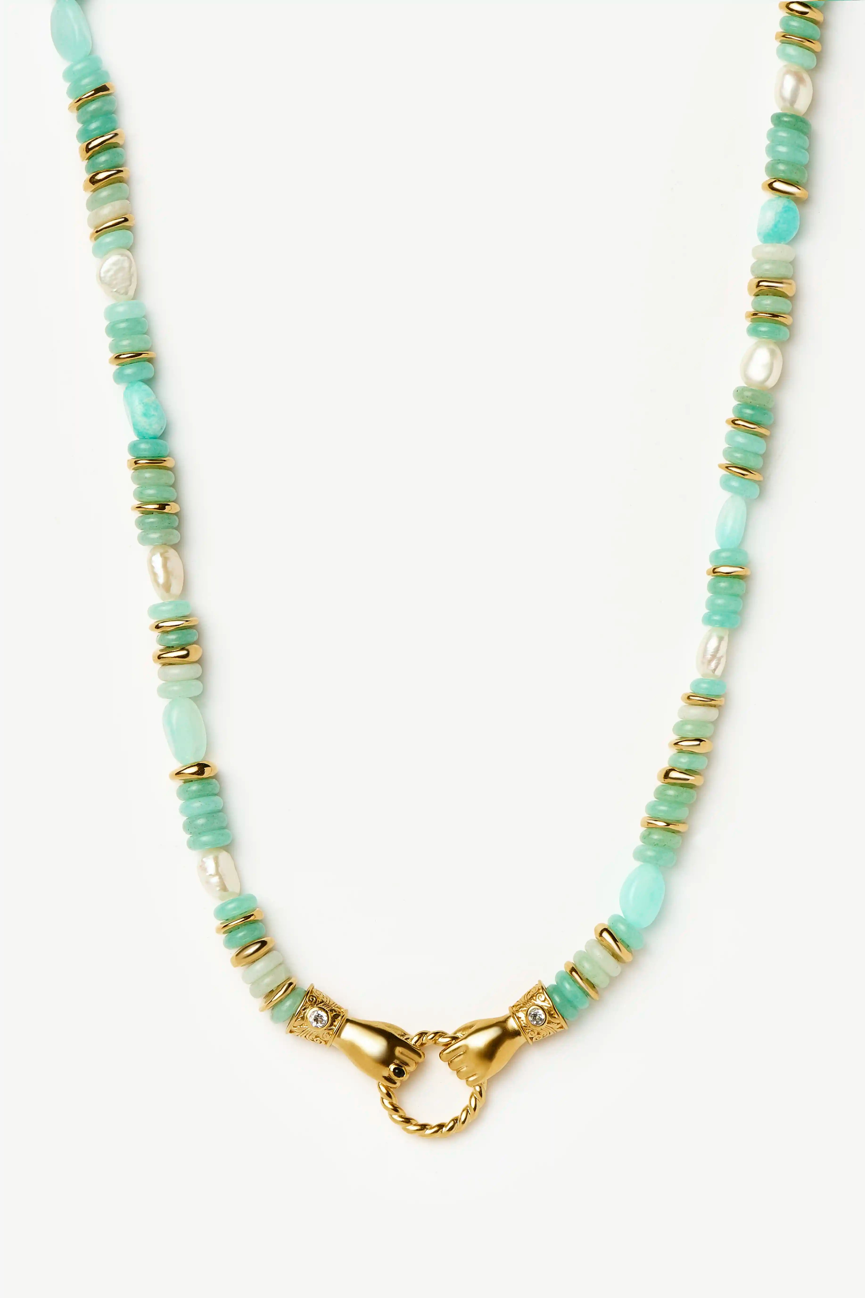 Harris Reed Chunky Beaded Gemstone Necklace - 18k Gold Plated Amazonite & Pearl Jewelry for Women | Perfect for Parties, Weddings & Special Occasions
