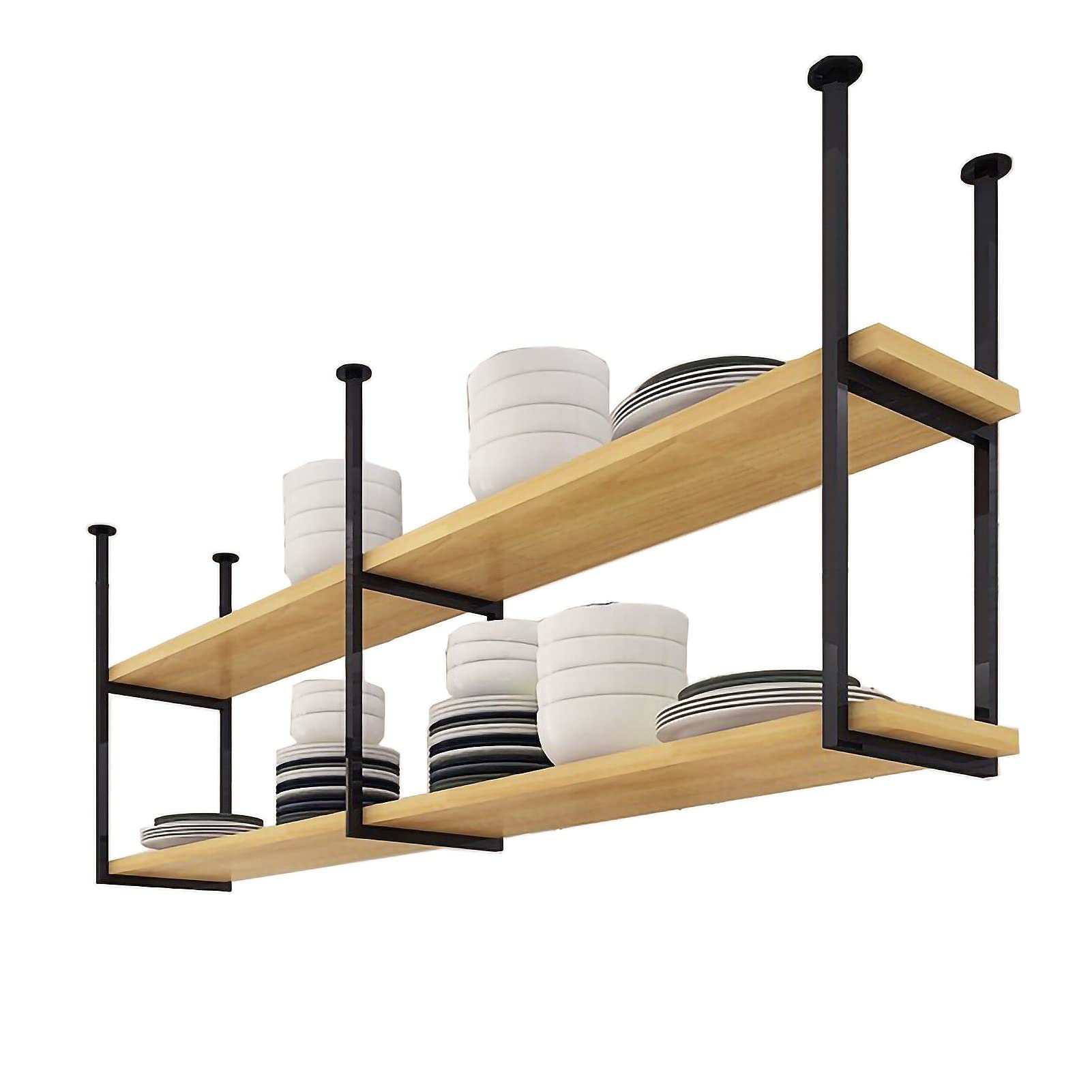 **2-Tier Industrial Ceiling Mount Shelf - Rustic Black Wood Floating Shelves for Garage Storage & Home Display | Wall-Mounted Organizer for Tools, Books & Decor**