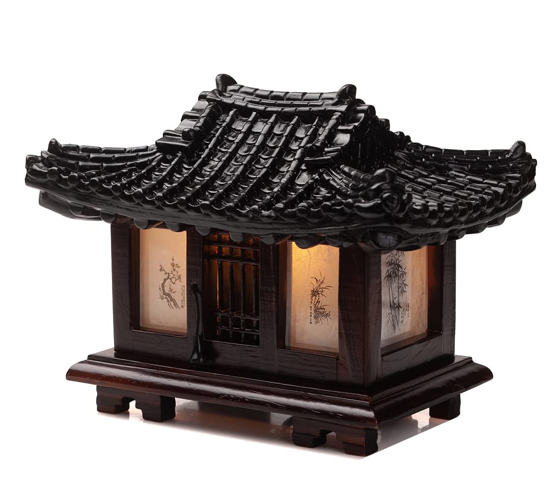 Handmade Antique Korean Hanok Pagoda Table Lamp - Traditional Wood Carved Art Deco Lantern for Bedroom, Living Room & Office Decor - Asian Inspired Brown Oriental Lighting with Pavilion Design