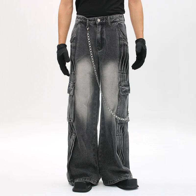 American Style Men's Denim Jeans - Pleated Deconstructed Straight Wide Leg Casual Pants for Men | Trendy Solid Color Bottoms | Perfect for Streetwear, Everyday Wear & Fashion Outfits