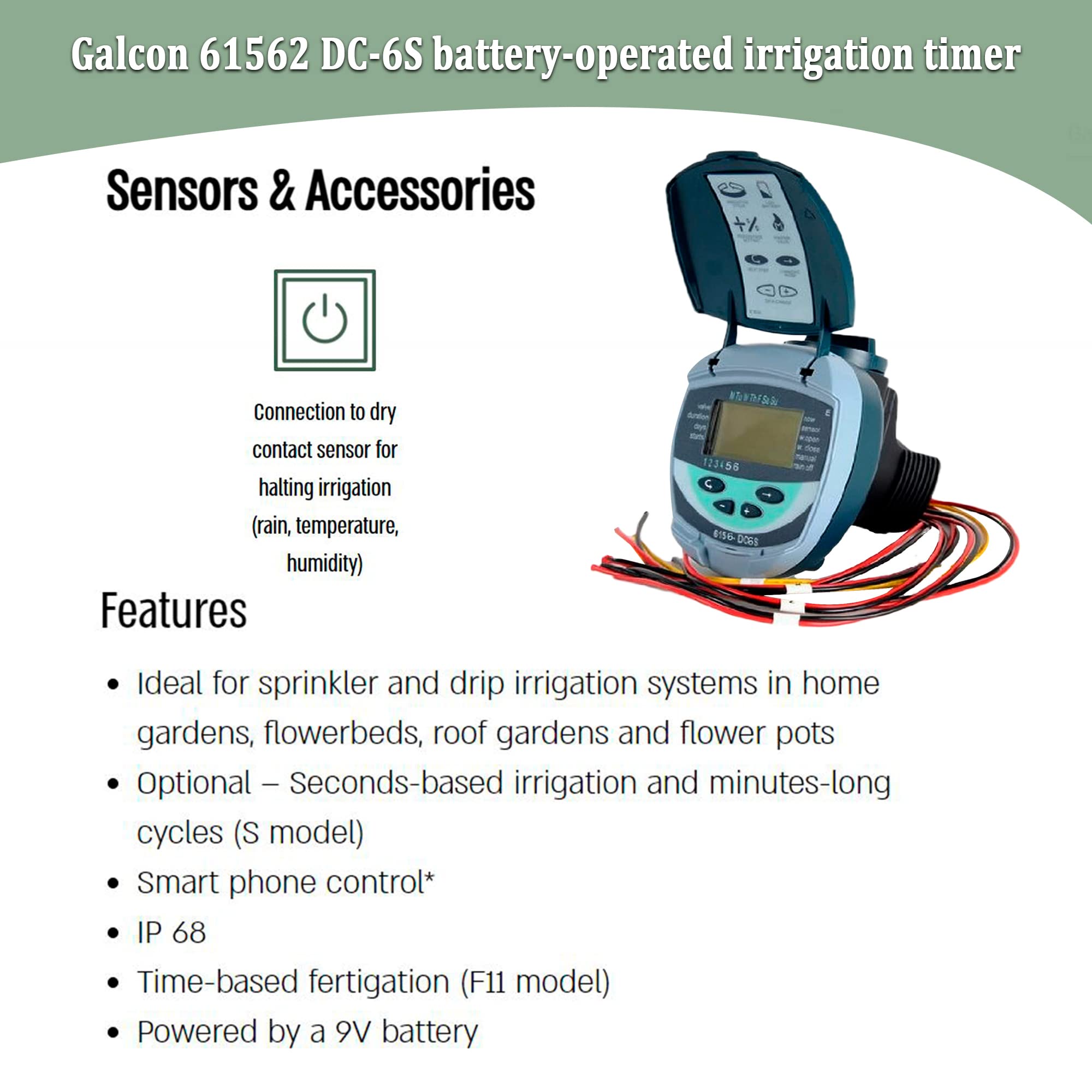Galcon 61562 DC-6S 6-Station Battery Operated Irrigation Timer for Sprinkler & Drip Systems - Indoor/Outdoor Watering Solution with Daily/Cyclic Programs - Perfect for Home Gardens, Nurseries, Greenhouses & Propagation Misting (Model GAJFSI002P0)