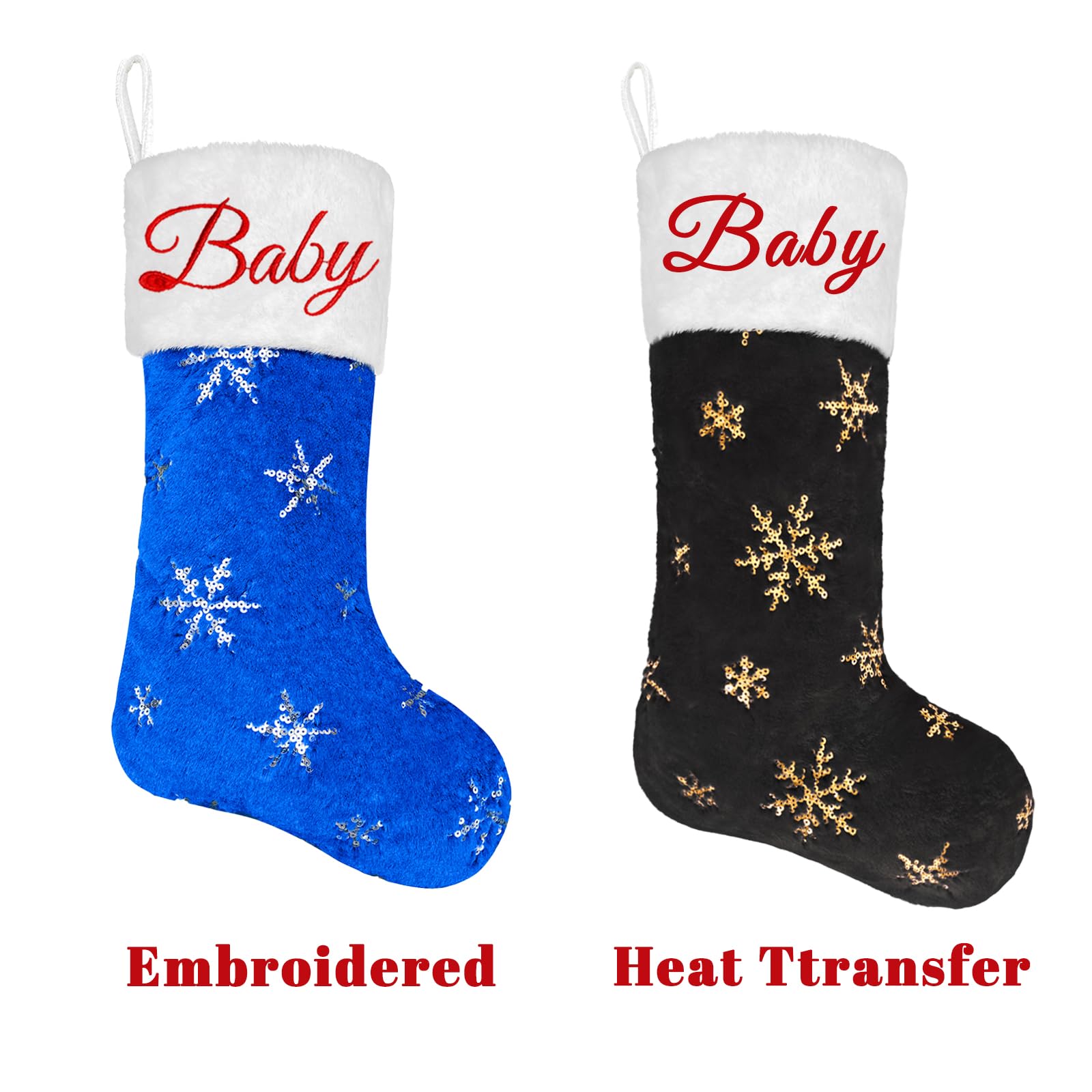 5 Pack Personalized Christmas Stockings with Names - 22 Inch Custom Embroidered Faux Fur Holiday Stockings in Black & Blue with Gold/Silver Snowflake Ornaments - Perfect for Xmas Tree Decor, Fireplace Mantel & Holiday Party Decorations
