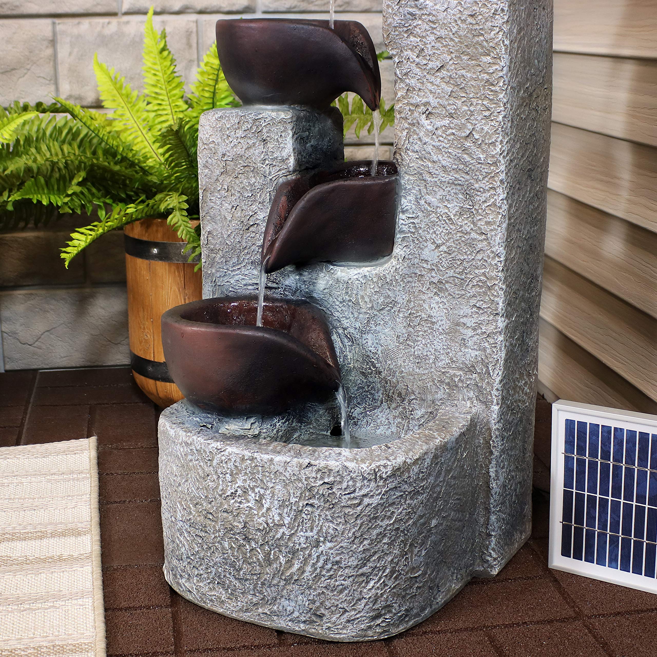 Sunnydaze 29-Inch Aged Tiered Solar Fountain with Battery Backup - Outdoor Water Feature with Submersible Pump - Polyresin Garden Decor for Patio, Yard, and Landscape