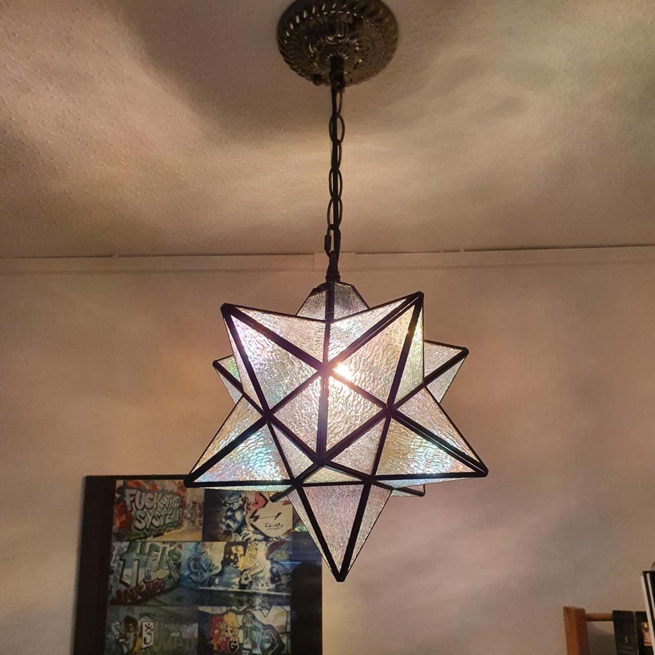 Bieye L10076 Moravian Star Tiffany Style Stained Glass Ceiling Pendant Light - 12-inch Wide Iridescent Glass Lampshade, 51-inch Tall Chain - Elegant Dining Room & Living Room Lighting Fixture